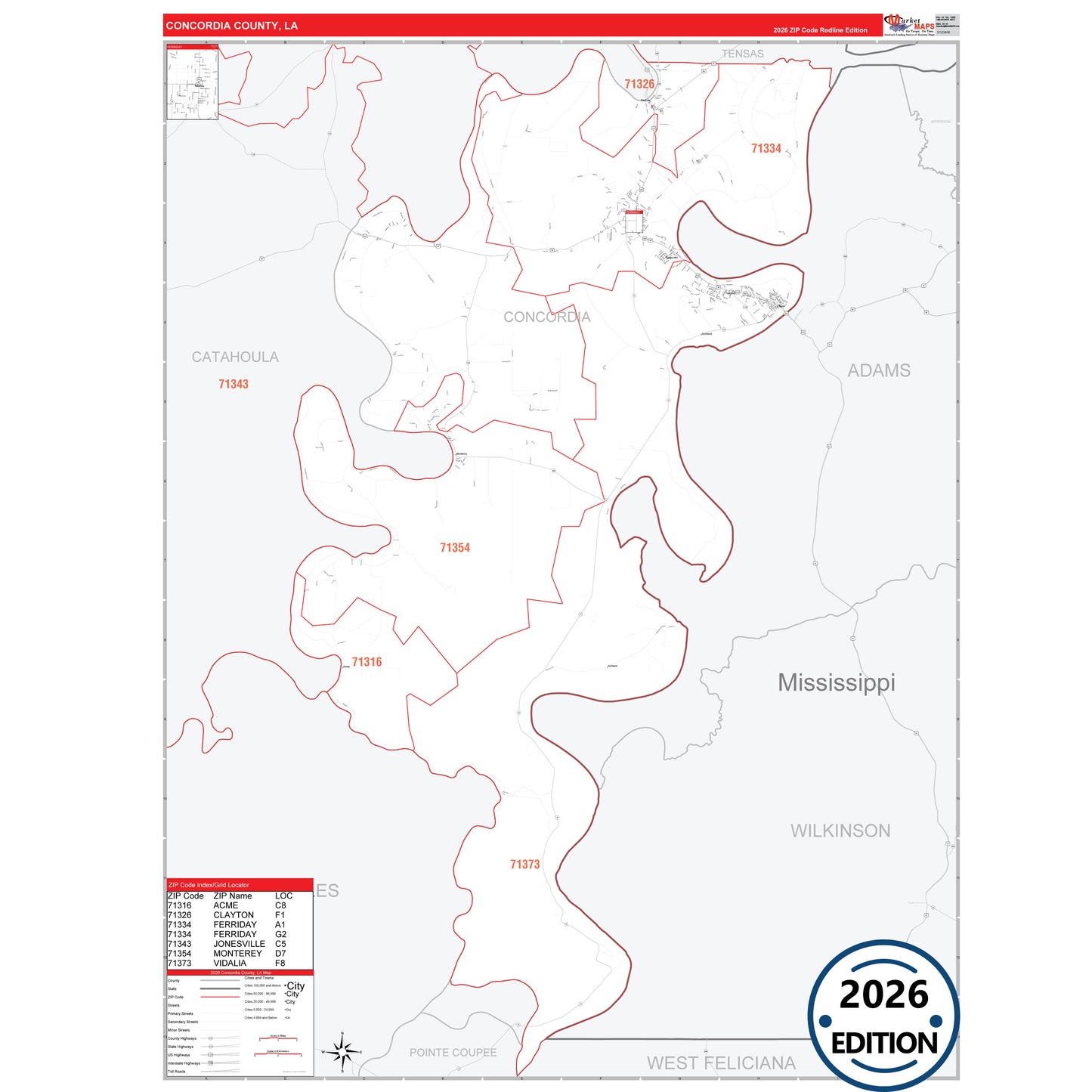 Concordia County, LA Red Line 5 Digit ZIP Code Wall Map
