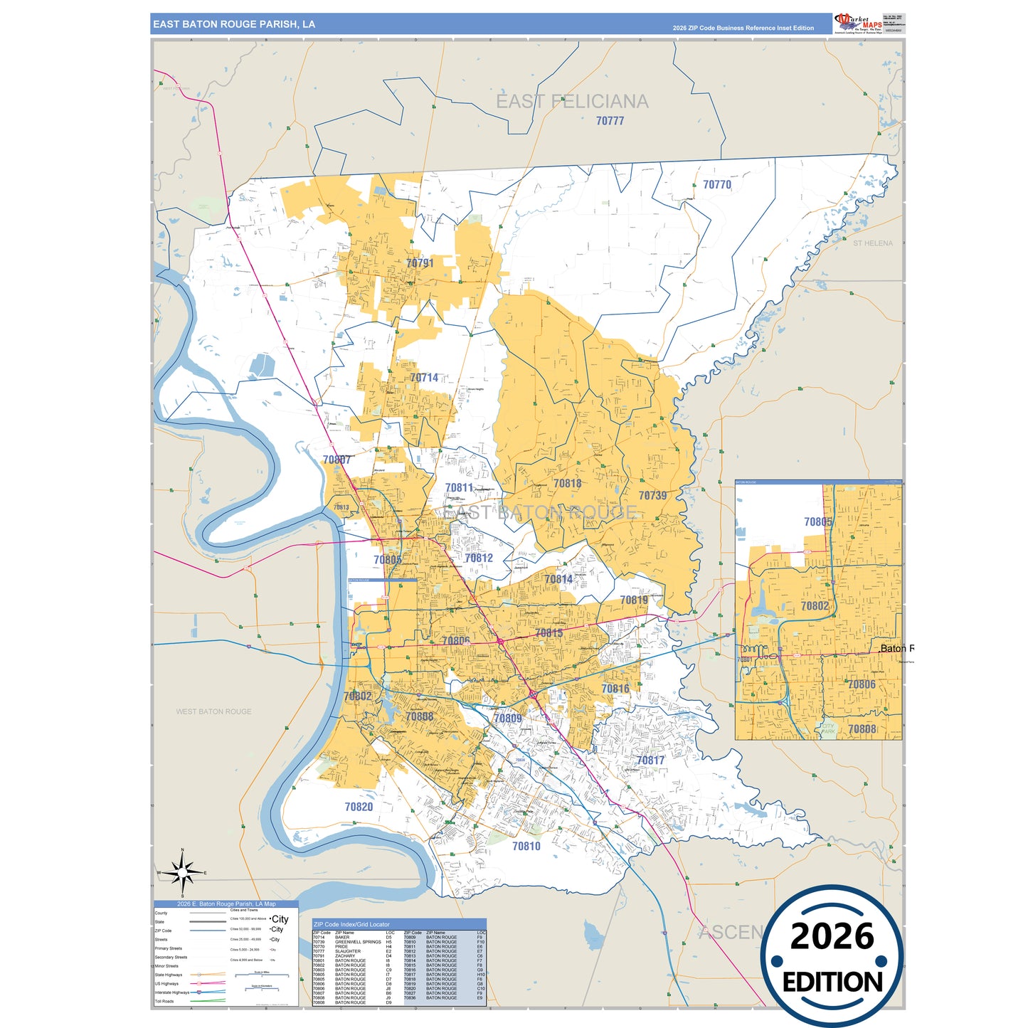 East Baton Rouge County, LA Business Reference 5 Digit ZIP Code Wall Map