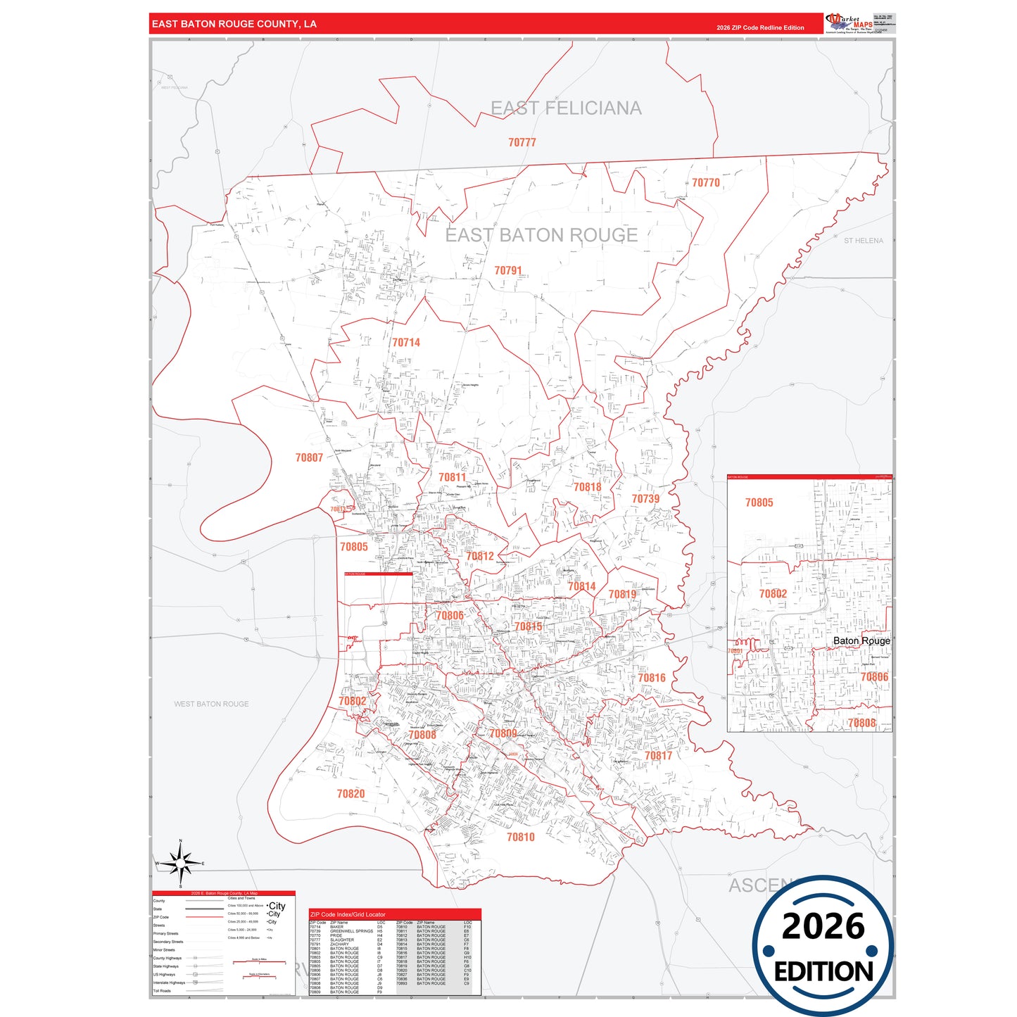 East Baton Rouge County, LA Red Line 5 Digit ZIP Code Wall Map
