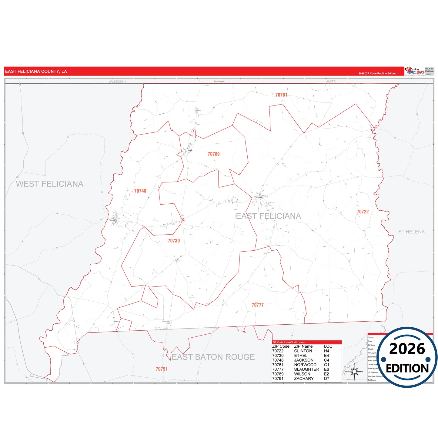 East Feliciana County, LA Red Line 5 Digit ZIP Code Wall Map