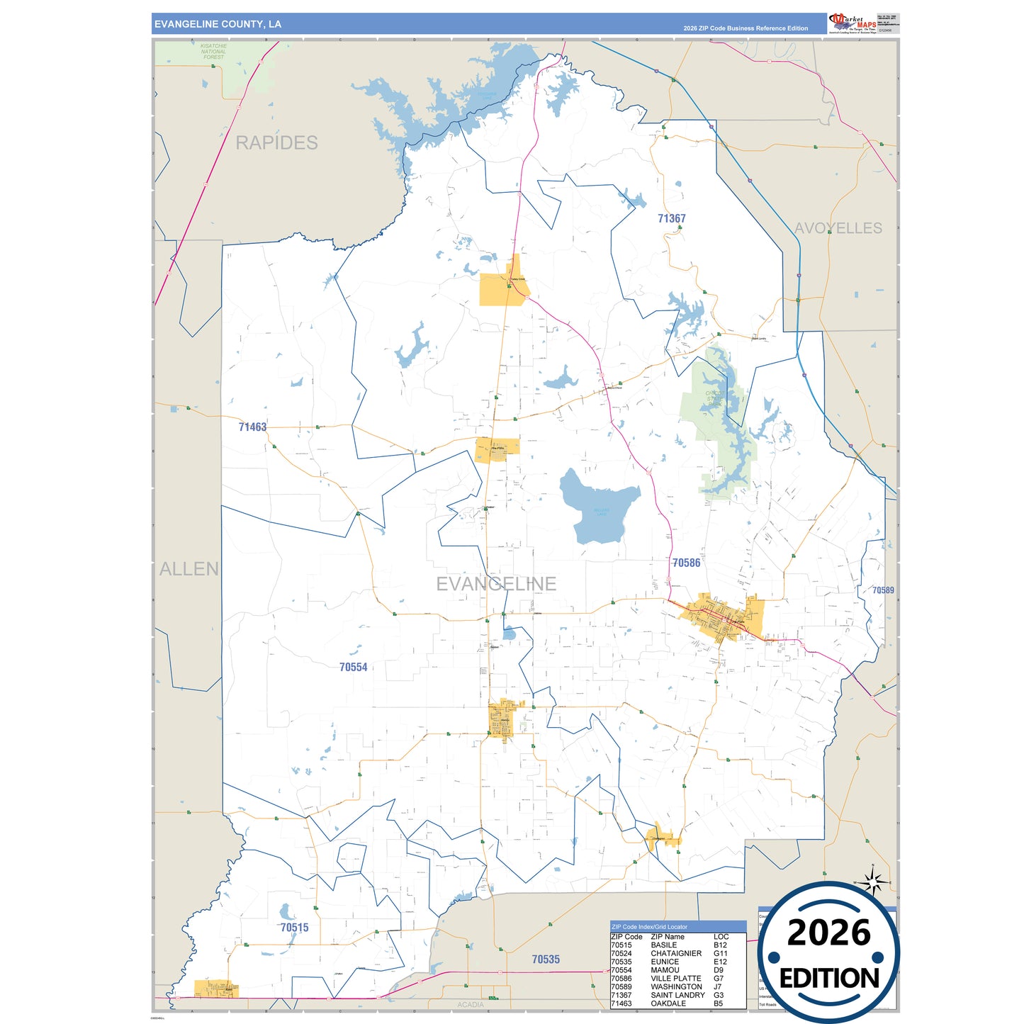 Evangeline County, LA Business Reference 5 Digit ZIP Code Wall Map