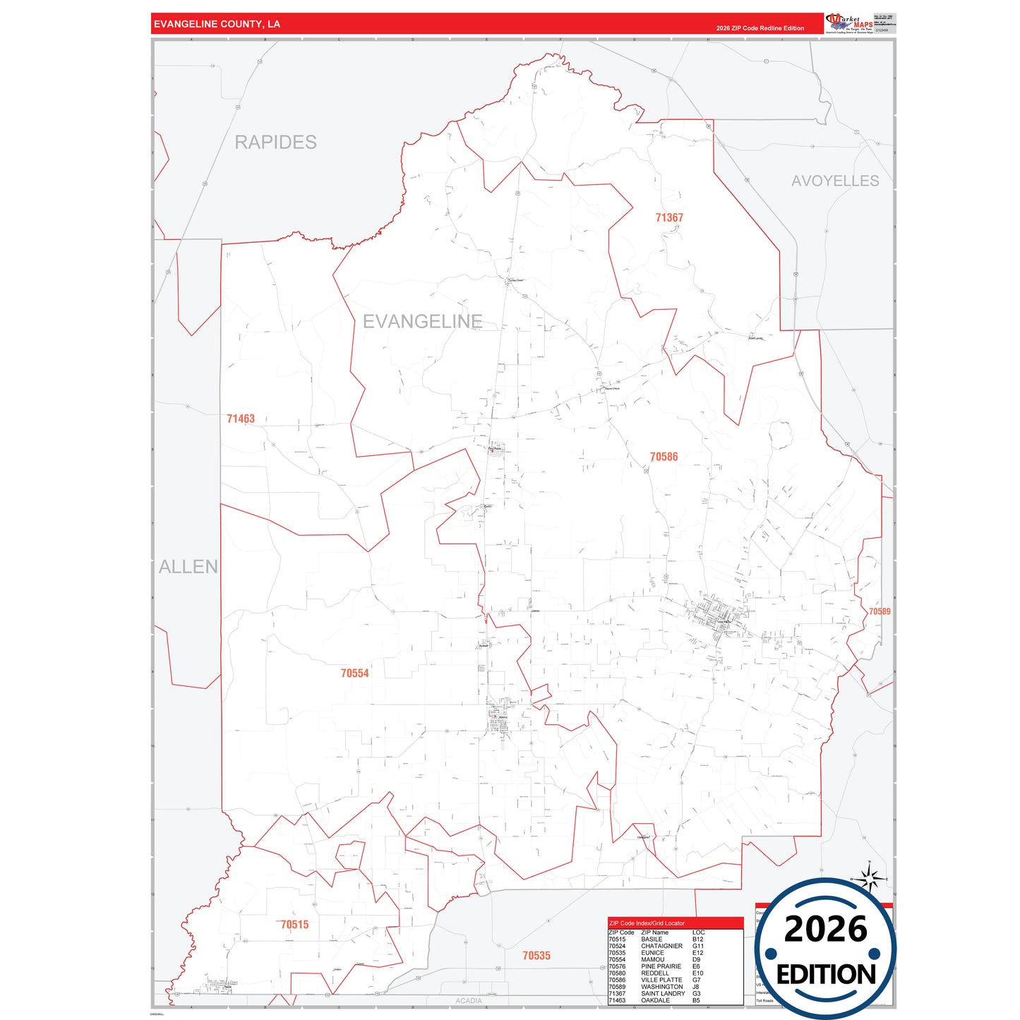 Evangeline County, LA Red Line 5 Digit ZIP Code Wall Map