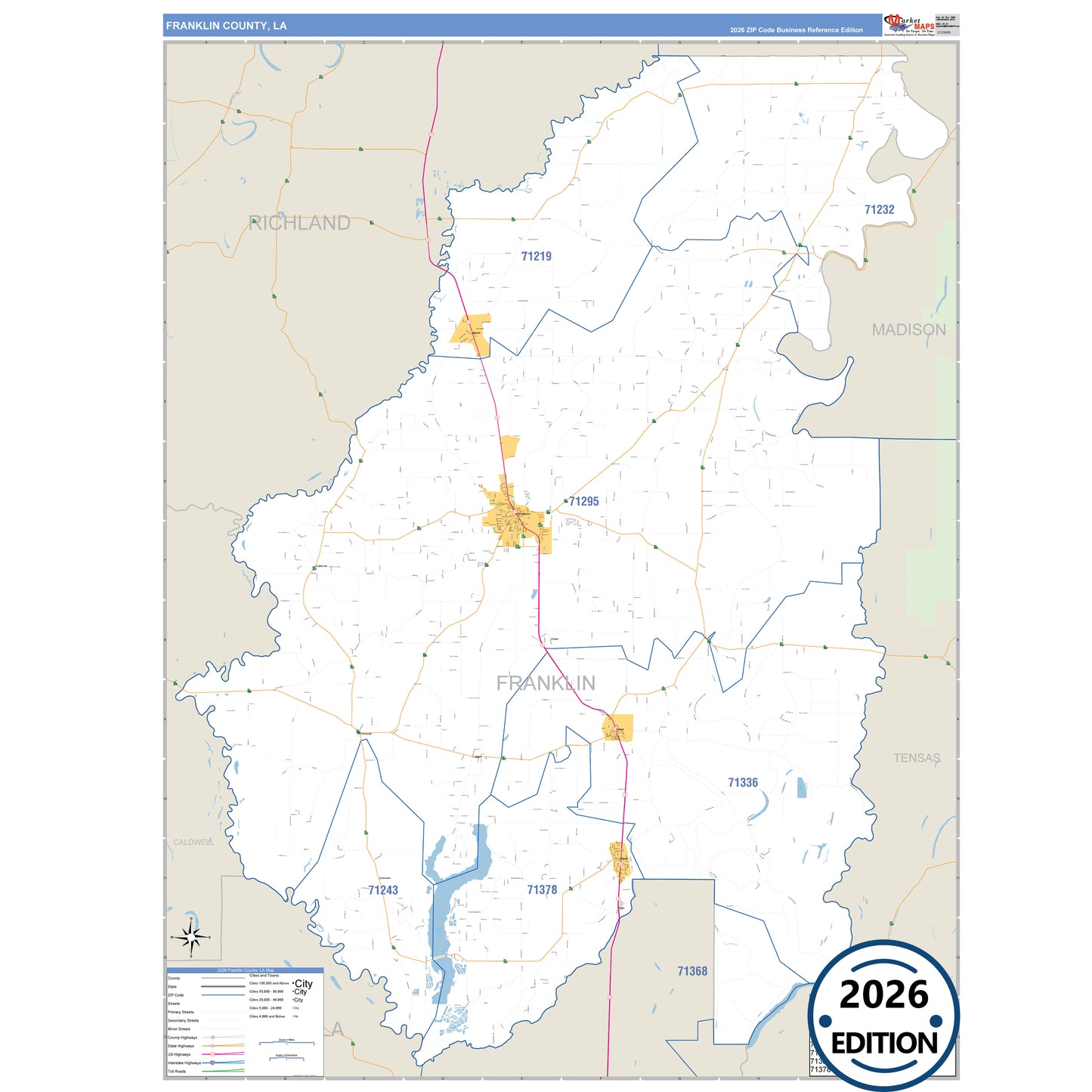 Franklin County, LA Business Reference 5 Digit ZIP Code Wall Map