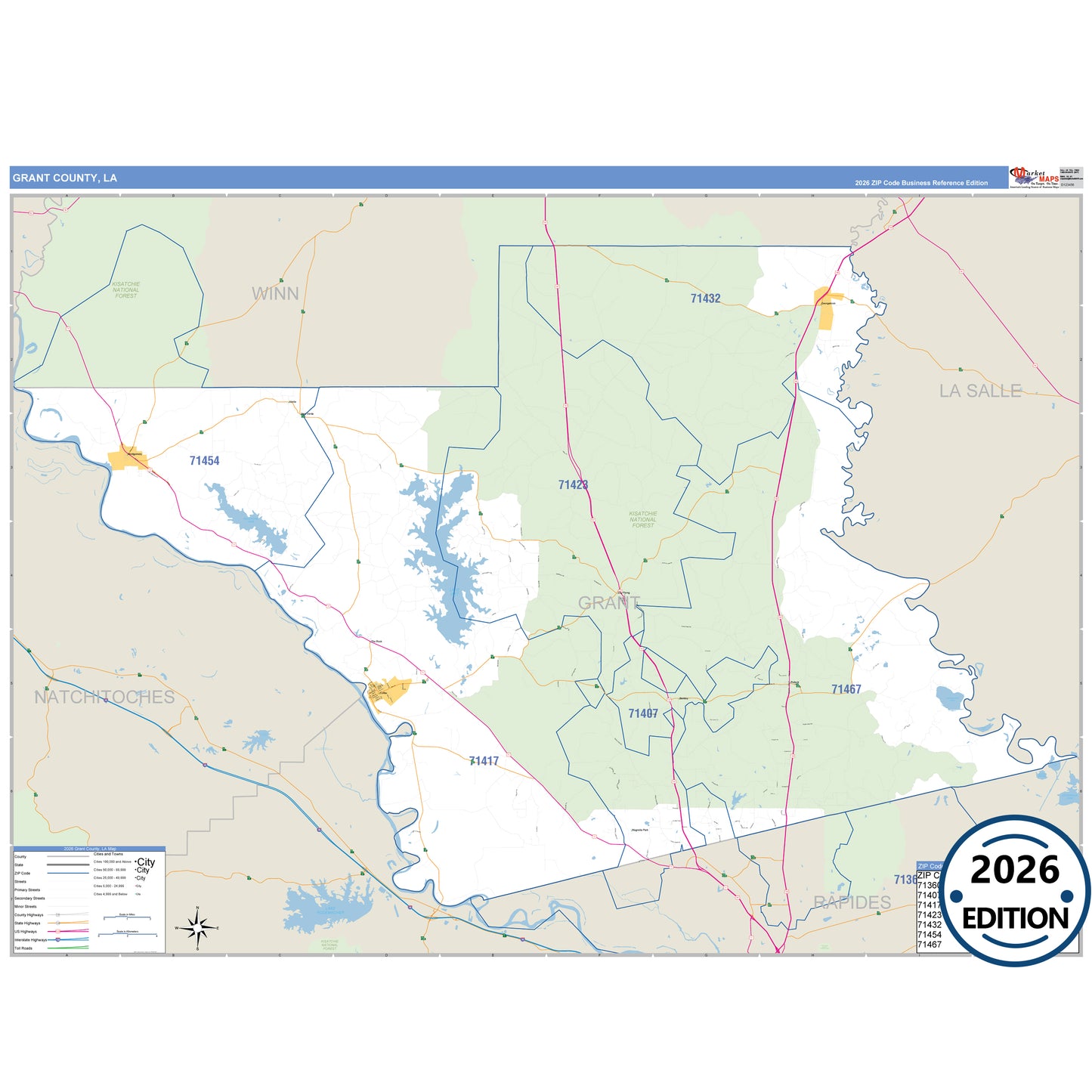 Grant County, LA Business Reference 5 Digit ZIP Code Wall Map