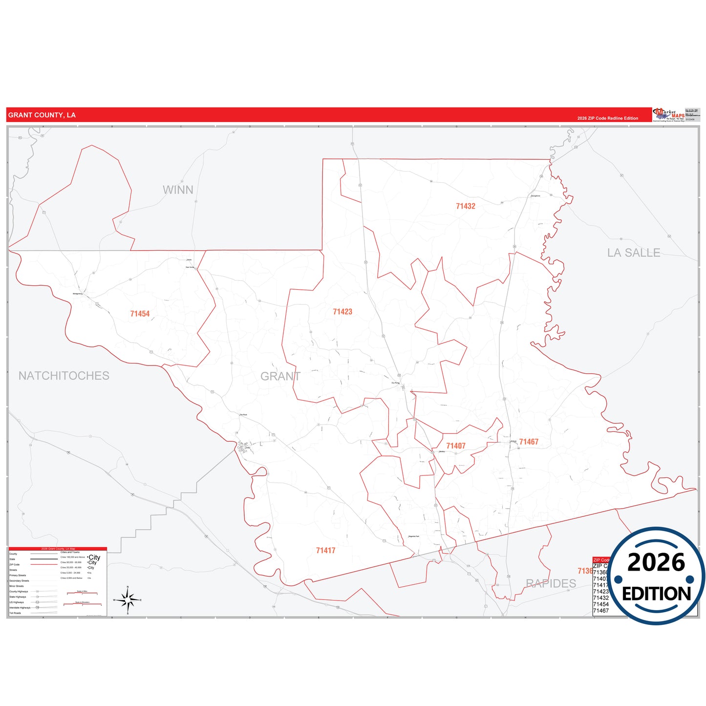 Grant County, LA Red Line 5 Digit ZIP Code Wall Map