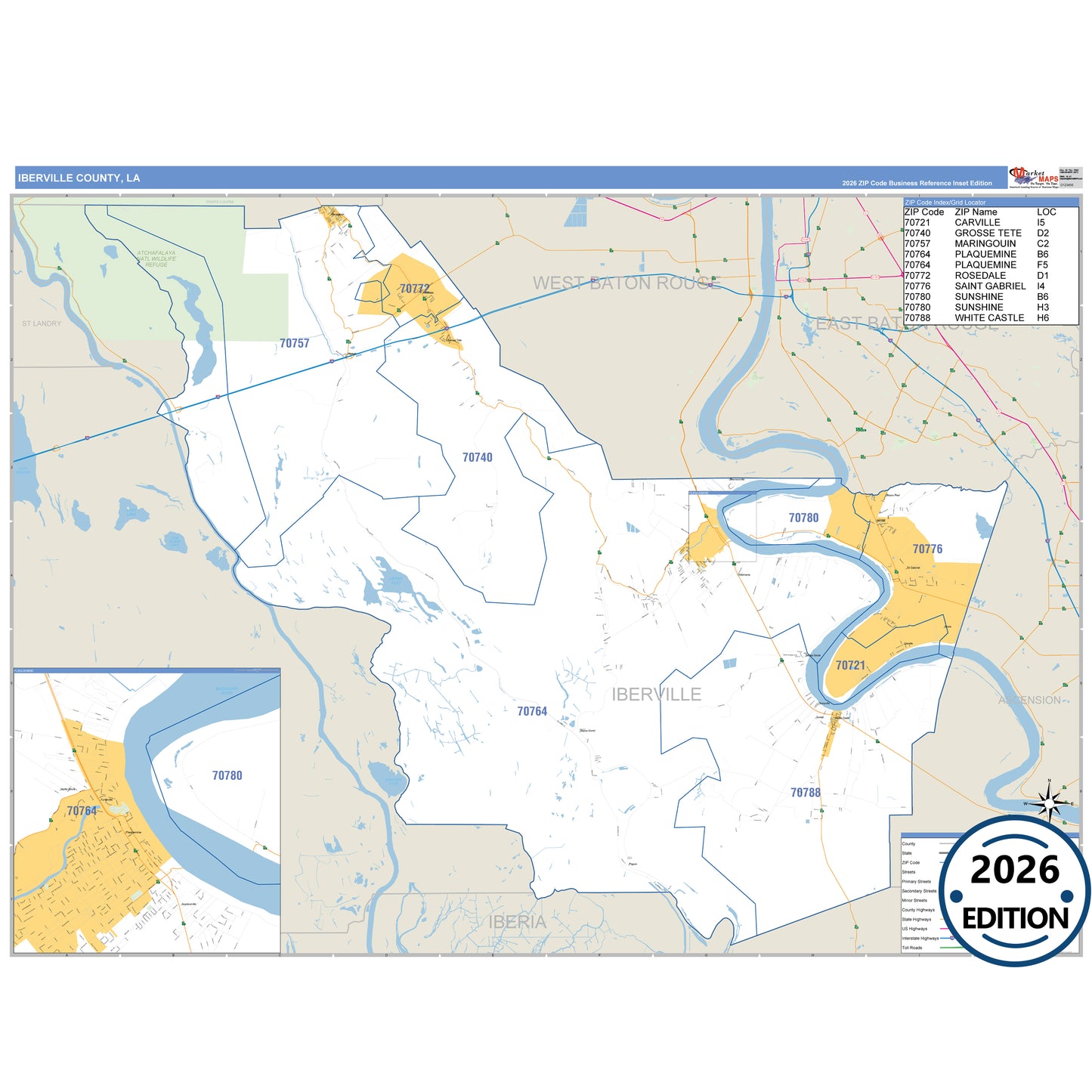 Iberville County, LA Business Reference 5 Digit ZIP Code Wall Map