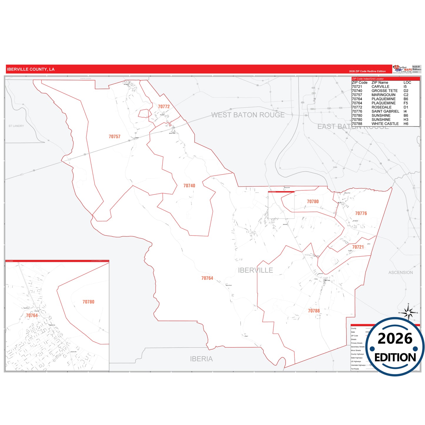 Iberville County, LA Red Line 5 Digit ZIP Code Wall Map