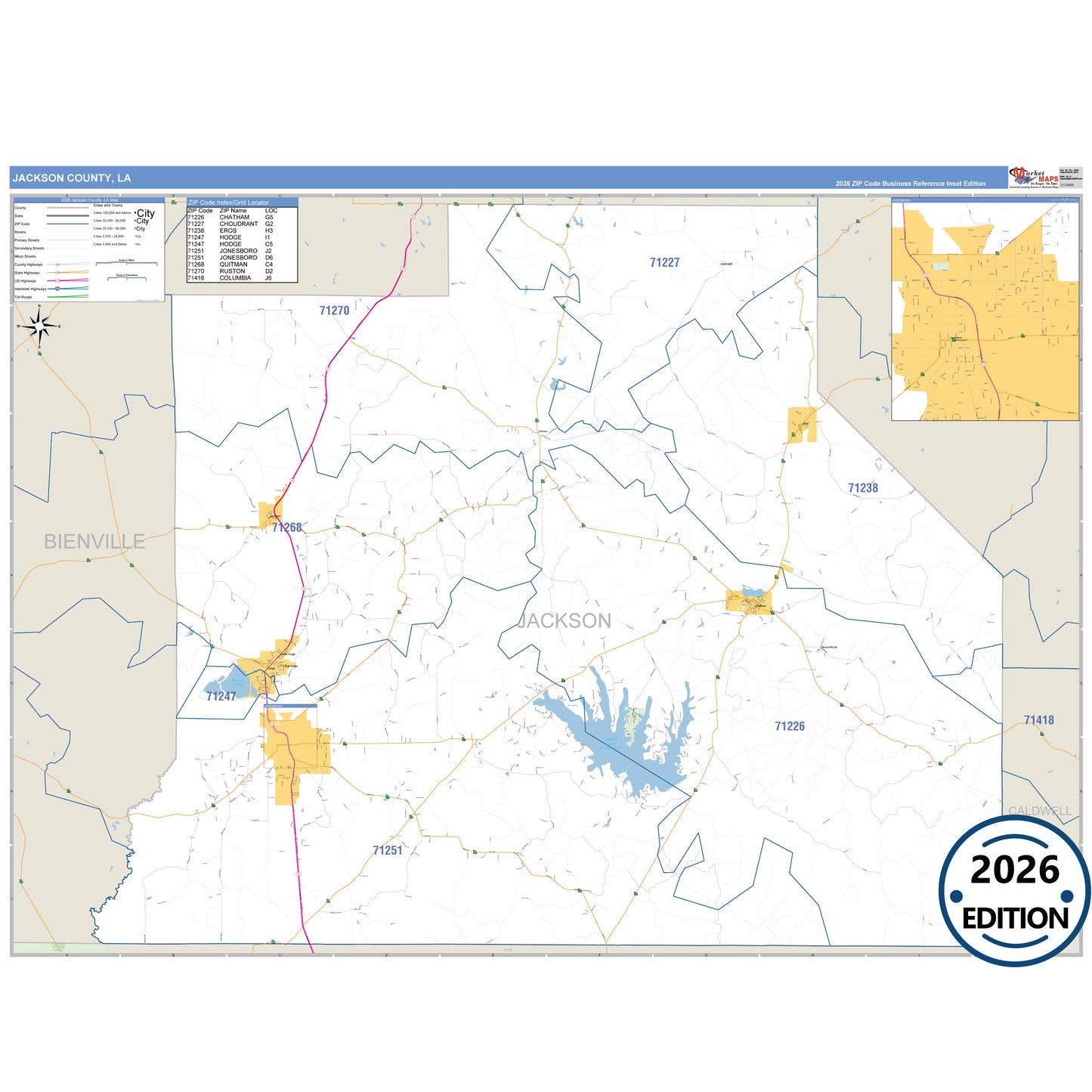 Jackson County, LA Business Reference map with detailed roads, cities, and ZIP code boundaries.