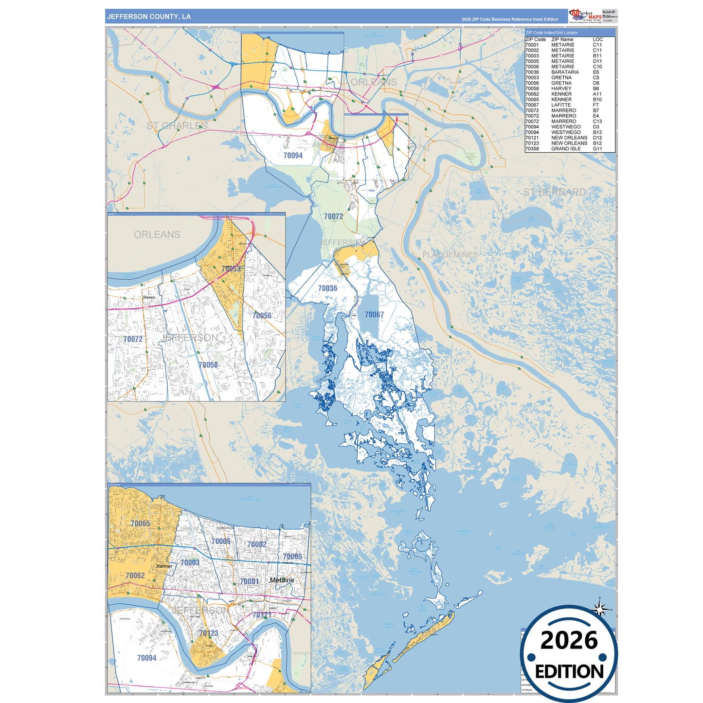 Jefferson County, LA Business Reference map with detailed roads, cities, and ZIP code boundaries.