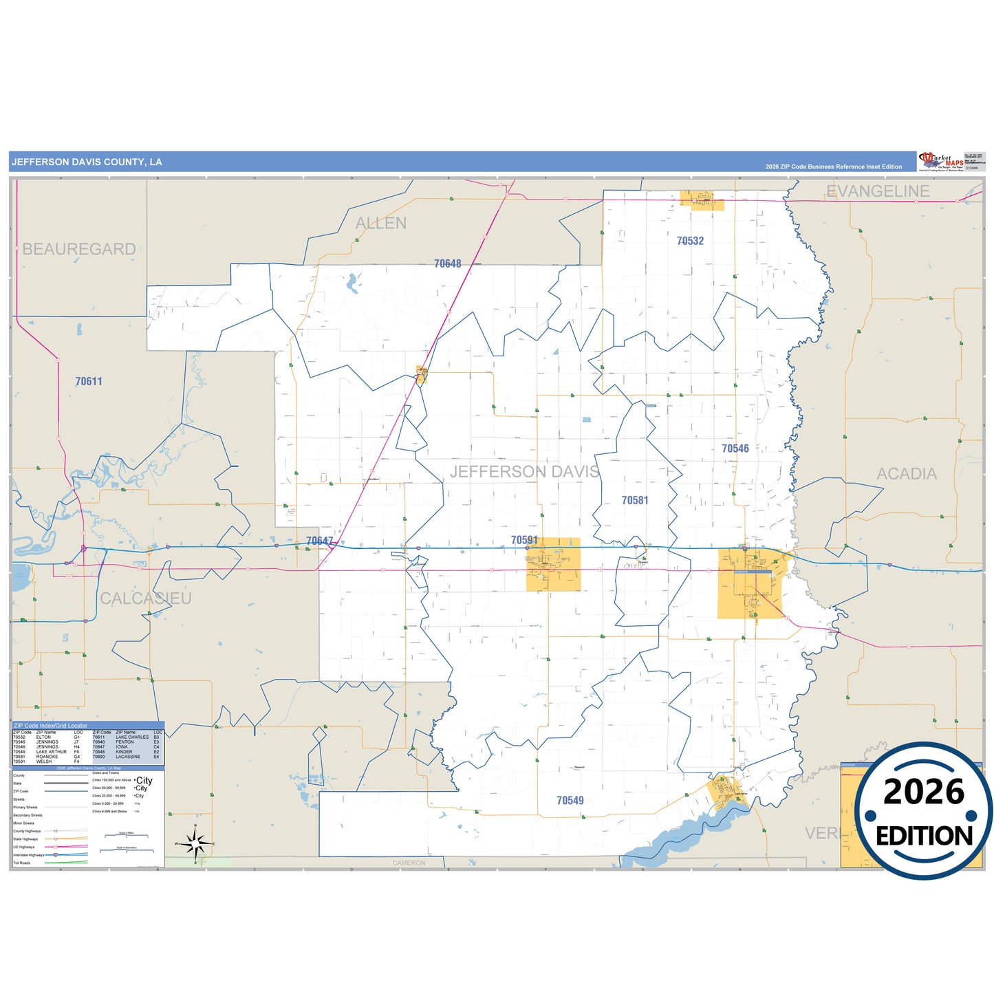 Jefferson Davis County, LA Business Reference 5 Digit ZIP Code Wall Map