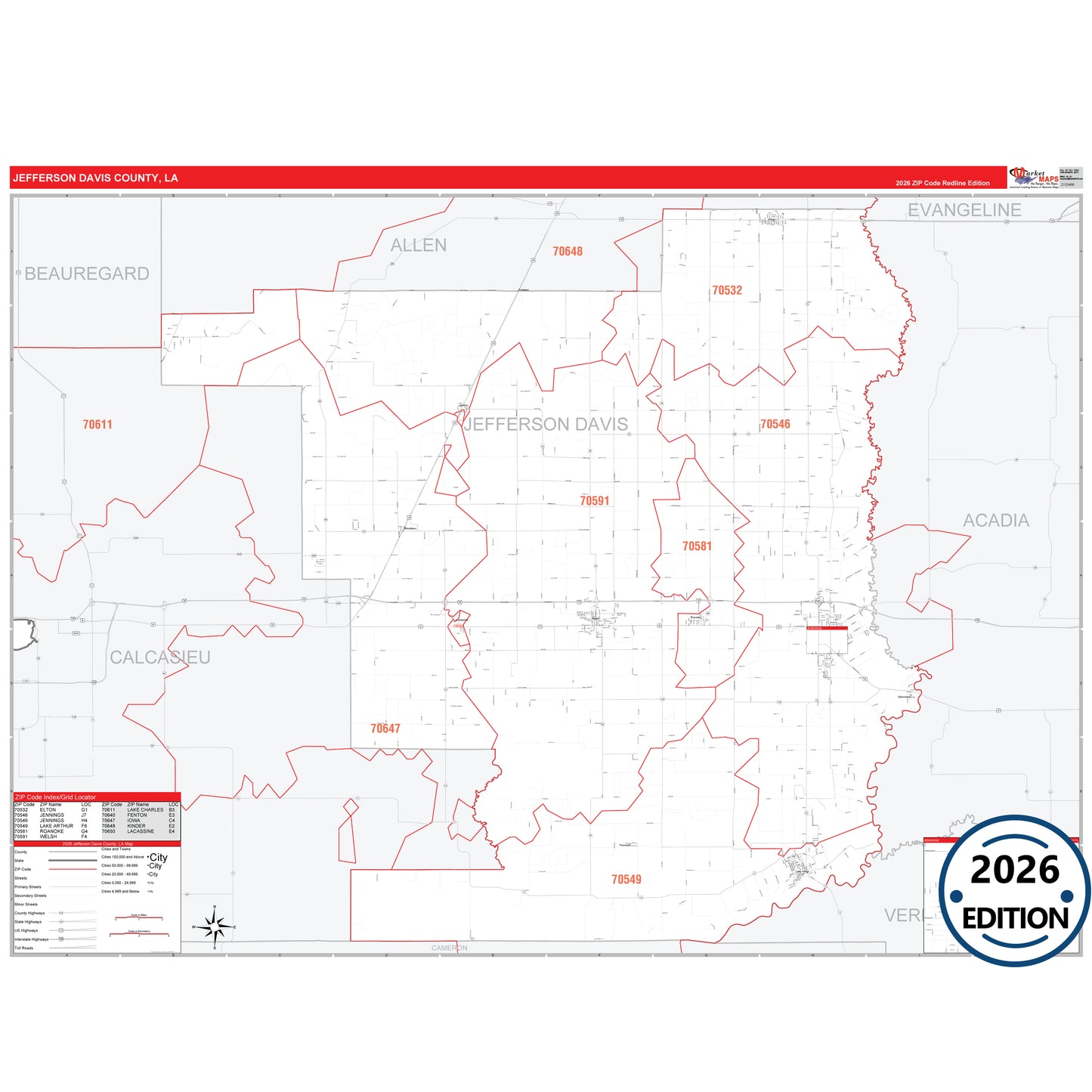 Jefferson Davis County, LA Red Line 5 Digit ZIP Code Wall Map
