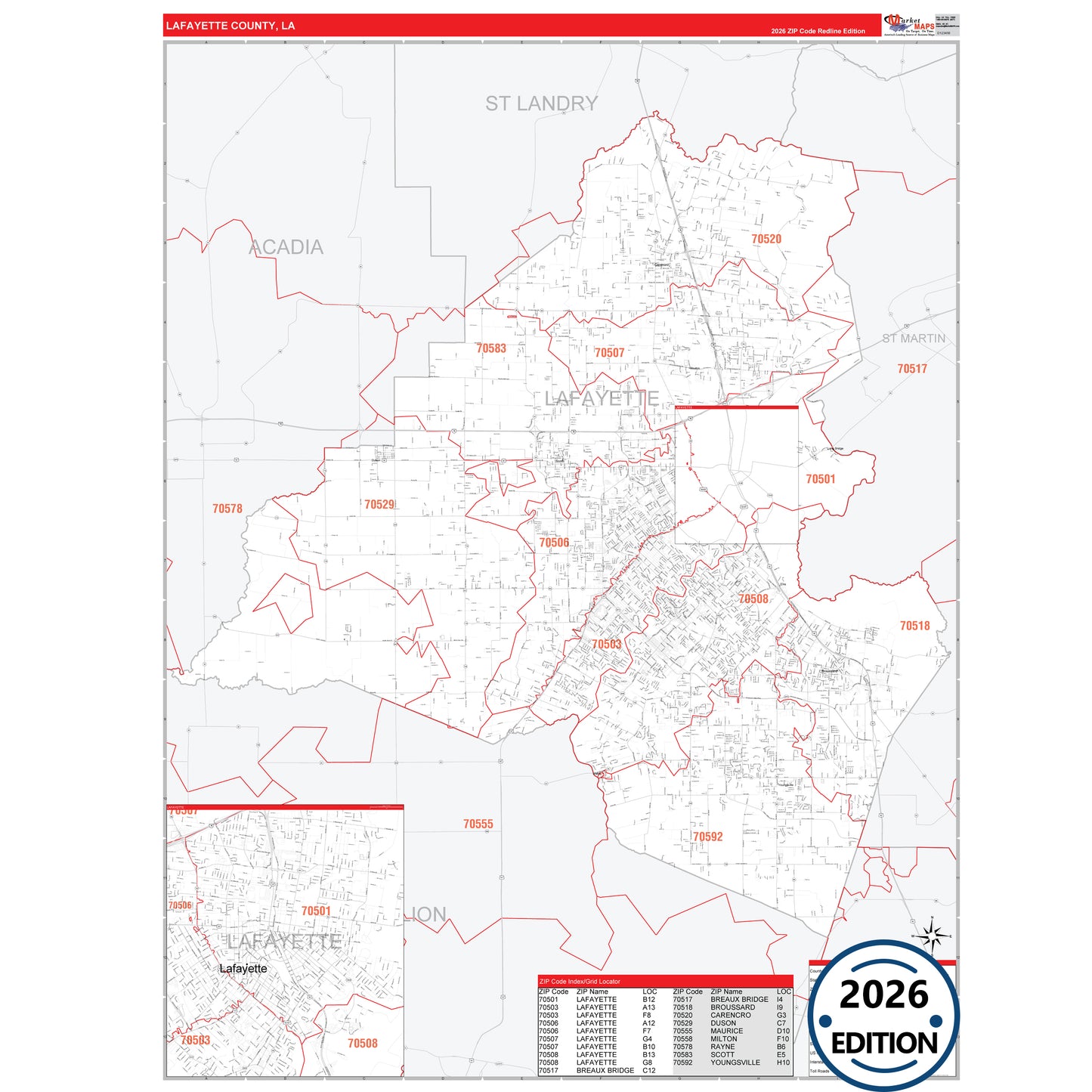 La Salle County, LA Red Line 5 Digit ZIP Code Wall Map