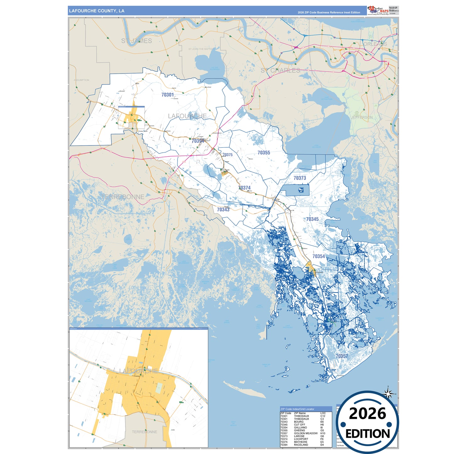 Lafourche County, LA Business Reference 5 Digit ZIP Code Wall Map