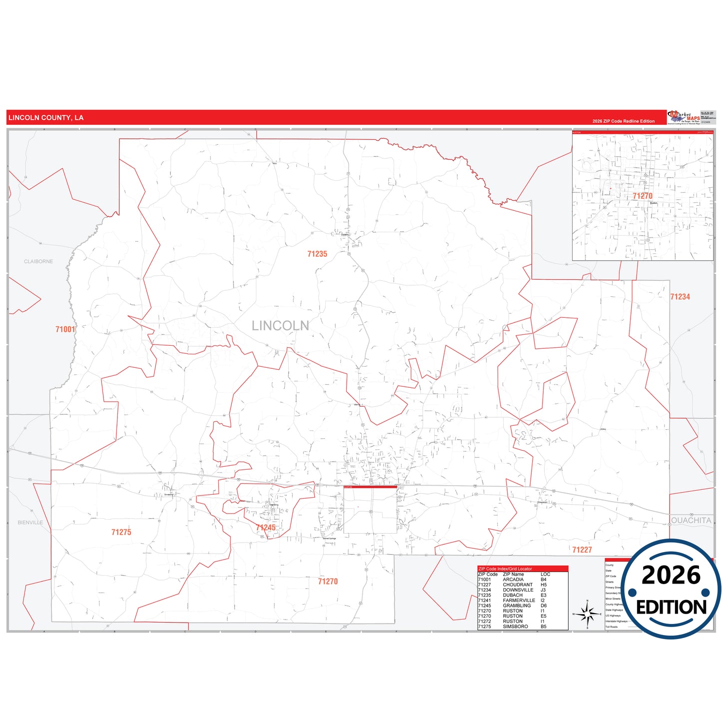 Lincoln County, LA Red Line 5 Digit ZIP Code Wall Map