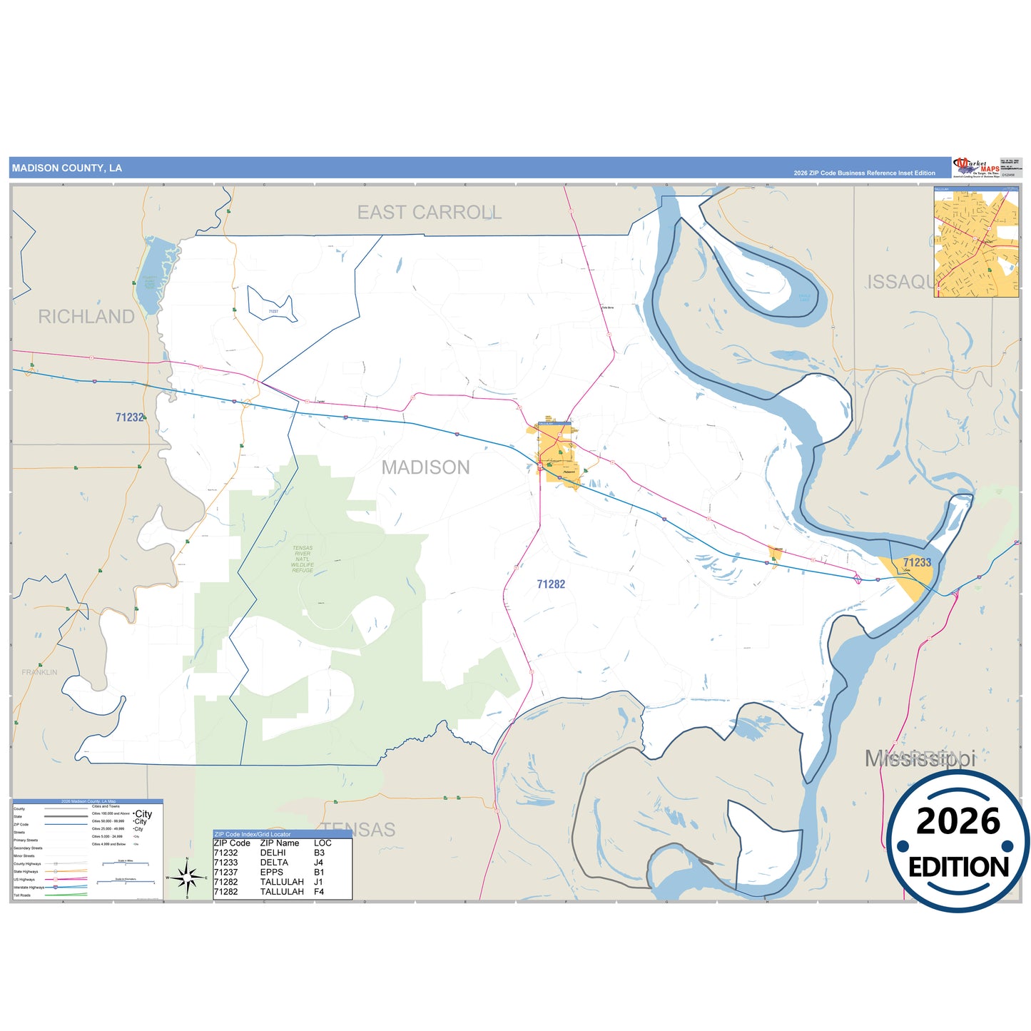 Madison County, LA Business Reference 5 Digit ZIP Code Wall Map