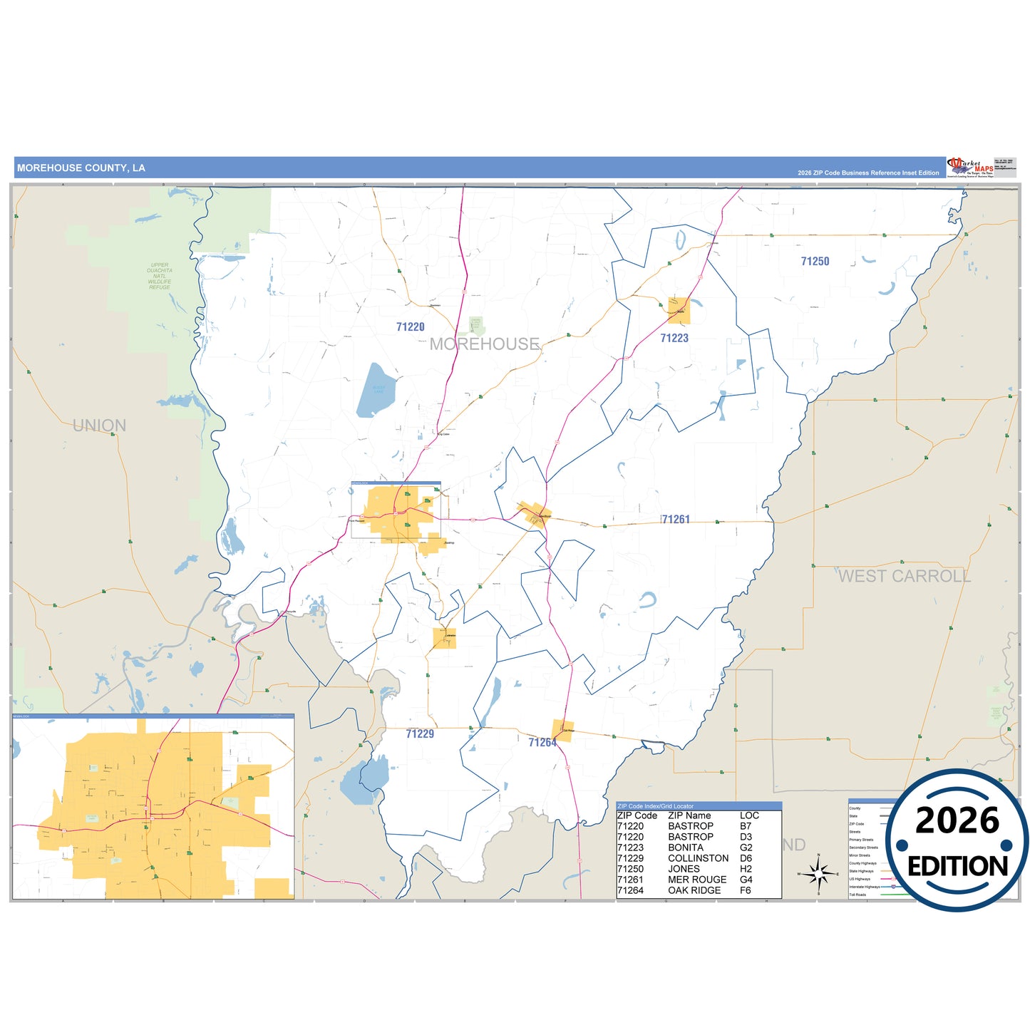 Morehouse County, LA Business Reference 5 Digit ZIP Code Wall Map