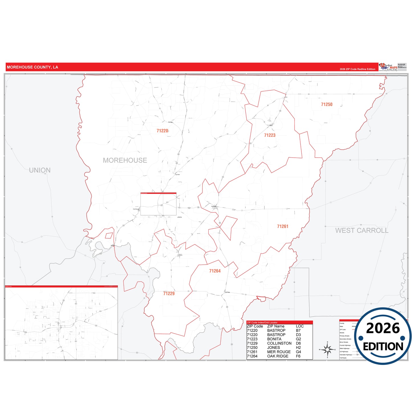 Morehouse County, LA Red Line 5 Digit ZIP Code Wall Map