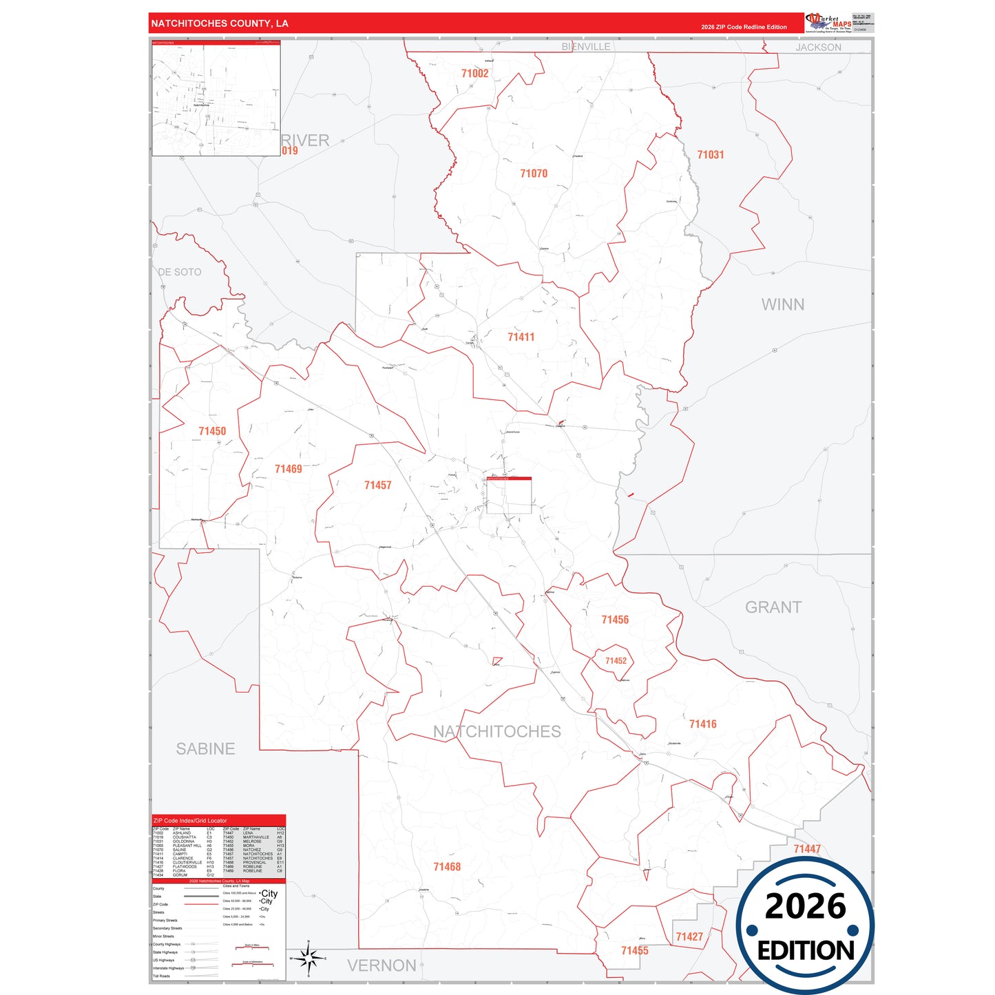 Natchitoches County, LA Red Line 5 Digit ZIP Code Wall Map