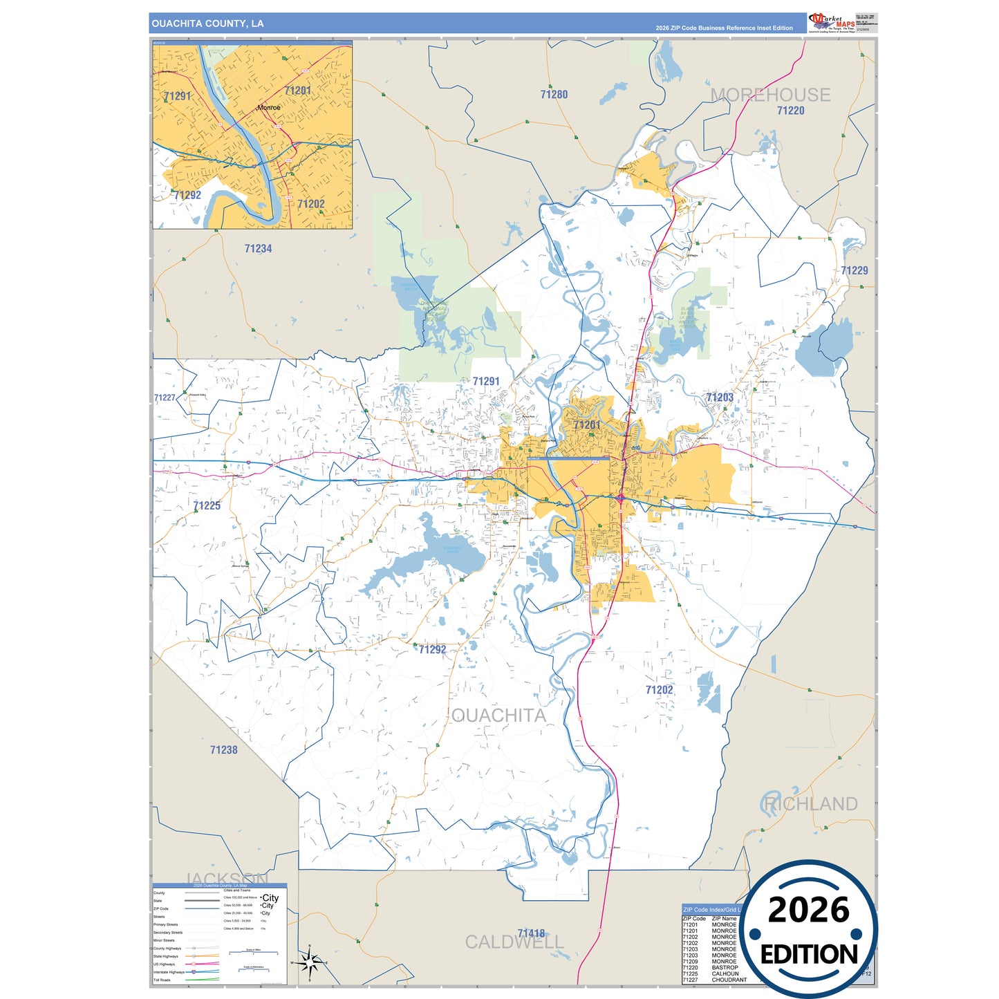Ouachita County, LA Business Reference 5 Digit ZIP Code Wall Map