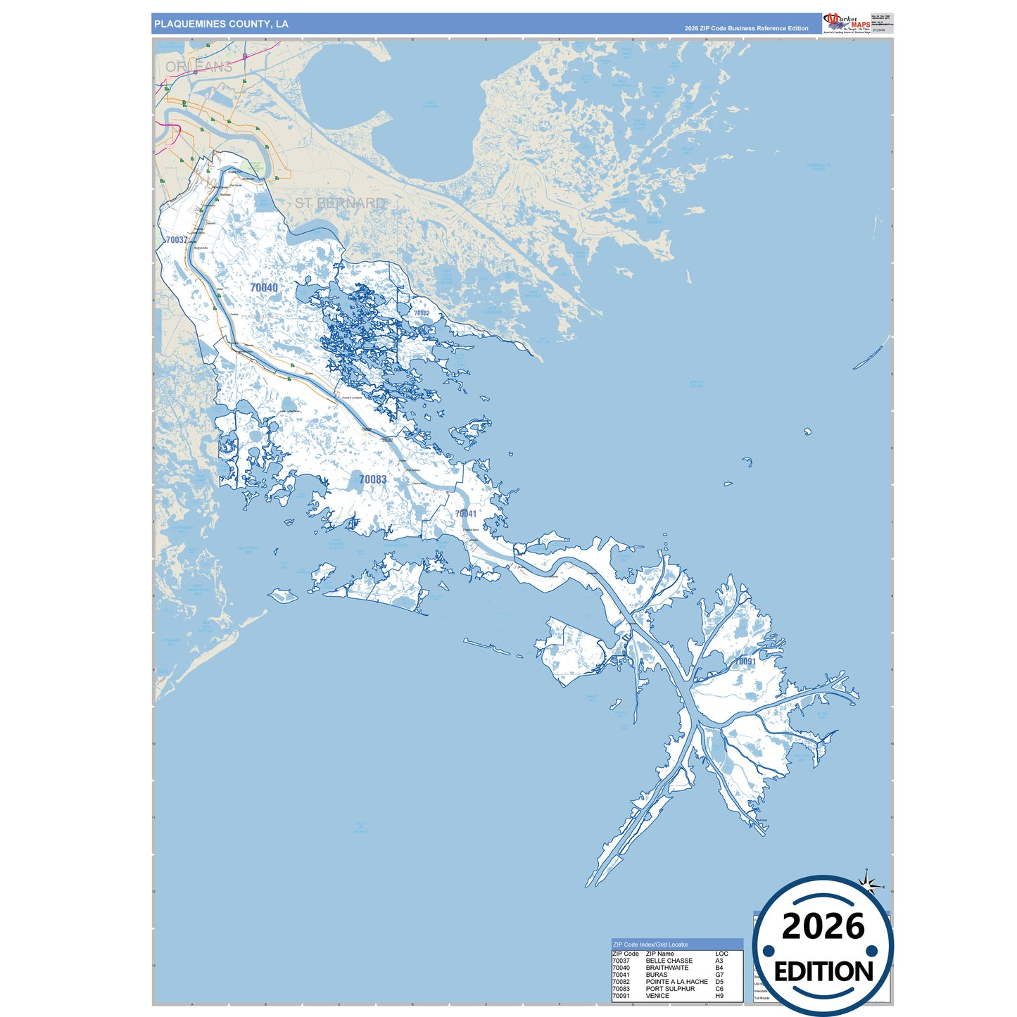 Plaquemines County, LA Business Reference 5 Digit ZIP Code Wall Map