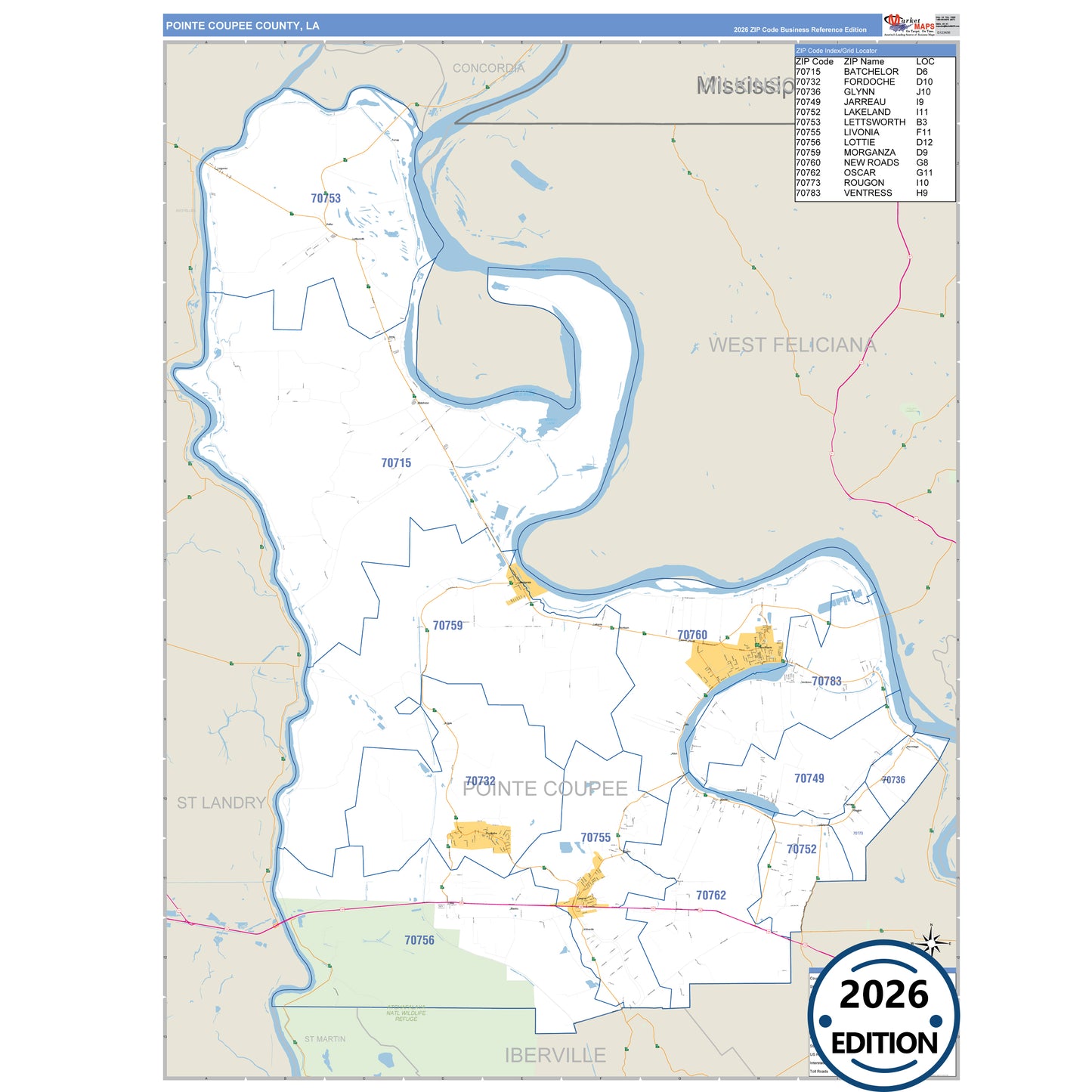 Pointe Coupee County, LA Business Reference 5 Digit ZIP Code Wall Map