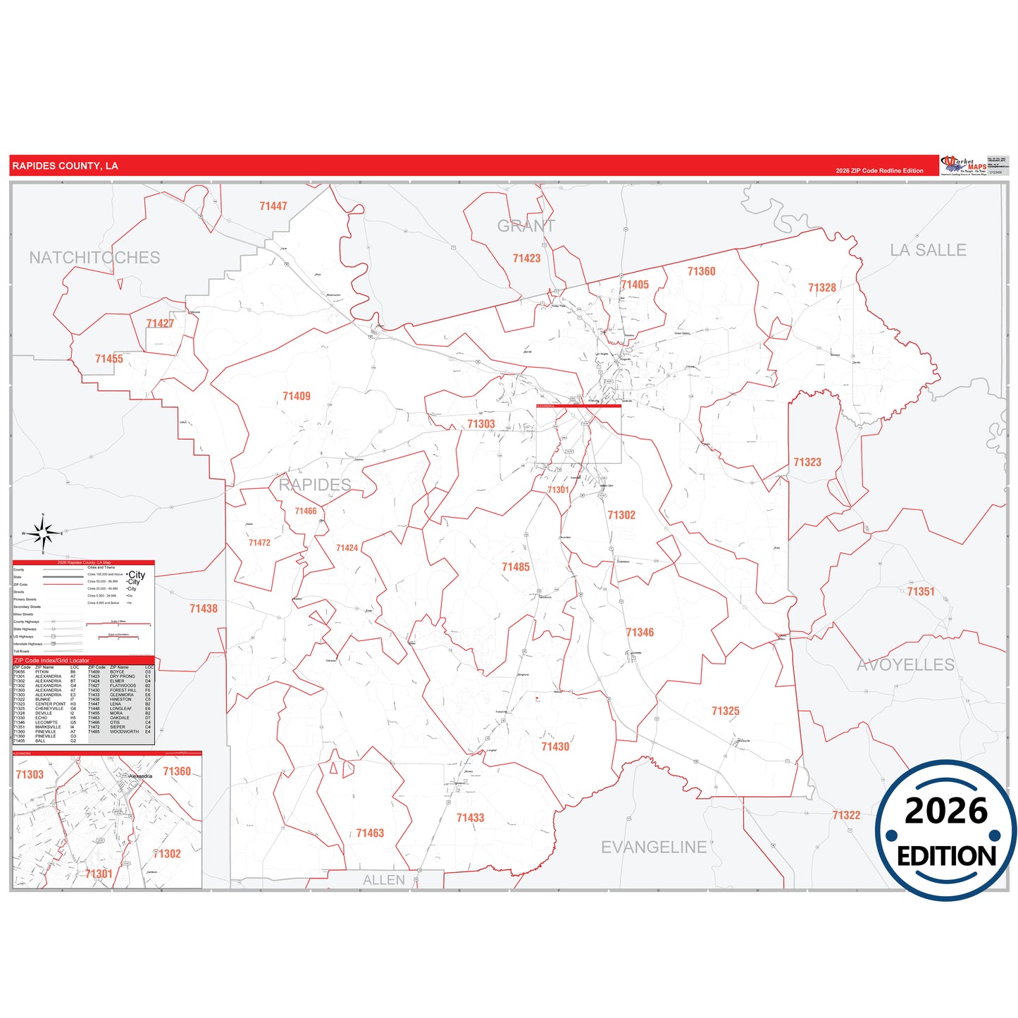 Rapides County, LA Red Line 5 Digit ZIP Code Wall Map