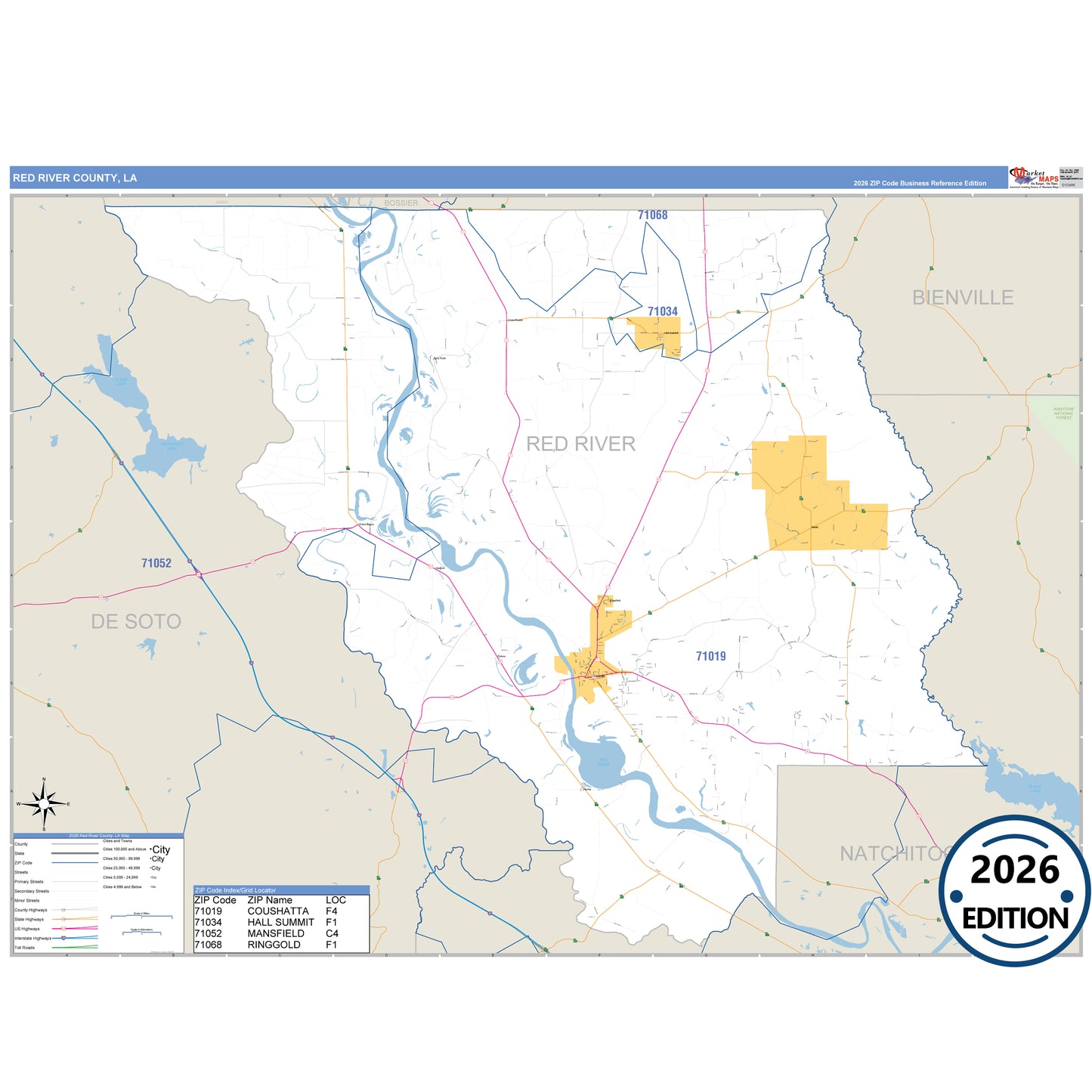 Red River County, LA Business Reference 5 Digit ZIP Code Wall Map