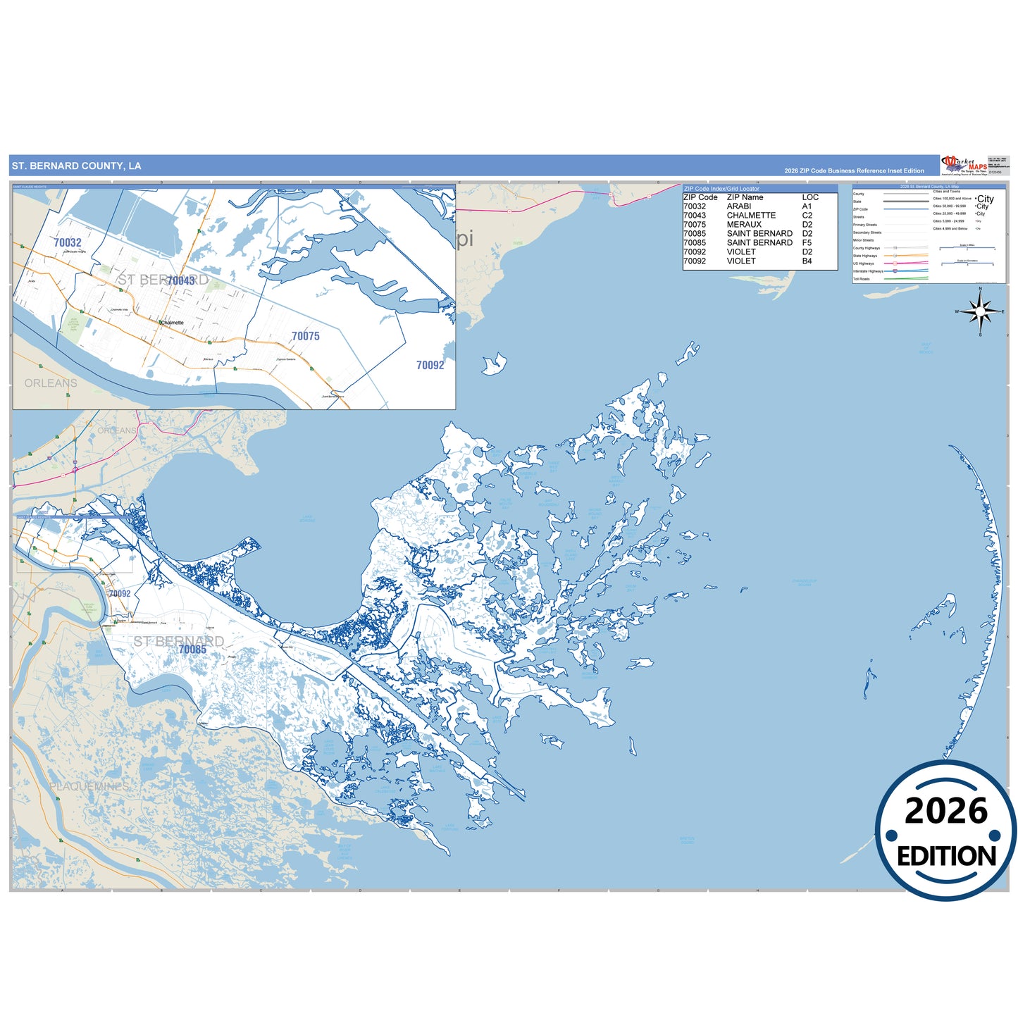 St. Bernard County, LA Business Reference 5 Digit ZIP Code Wall Map