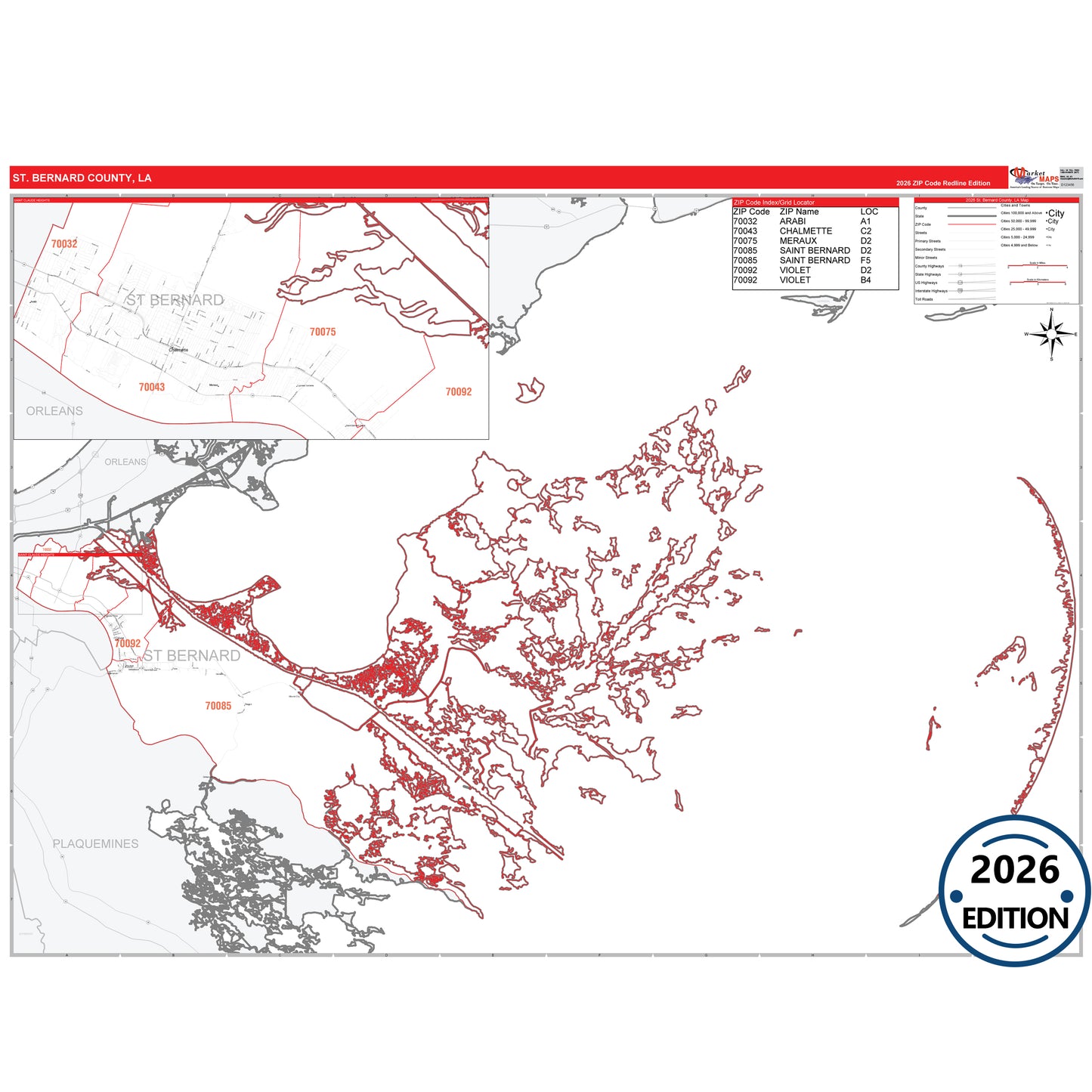 St. Bernard County, LA Red Line 5 Digit ZIP Code Wall Map