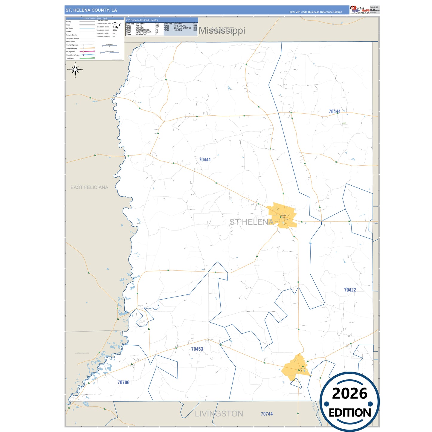 St. Helena County, LA Business Reference 5 Digit ZIP Code Wall Map