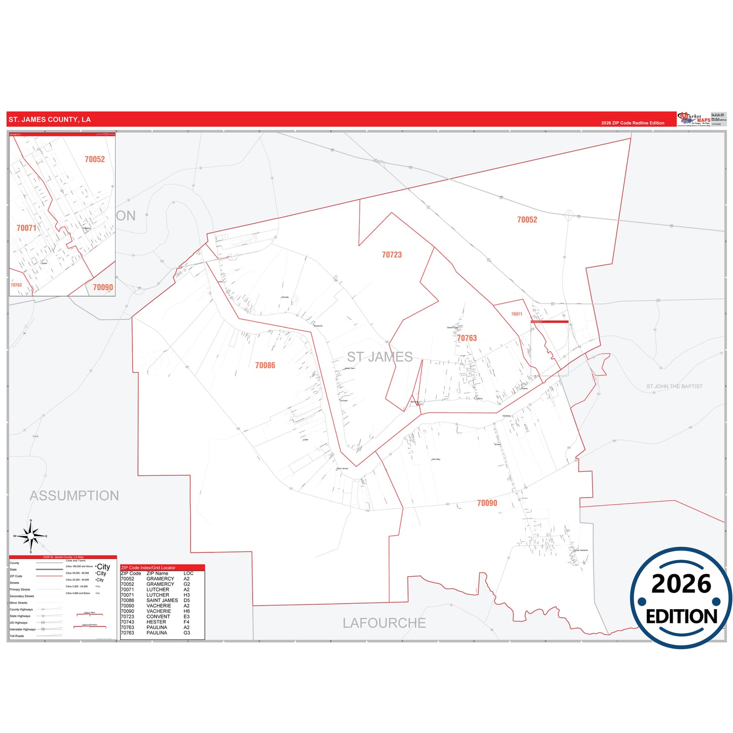 St. James County, LA Red Line 5 Digit ZIP Code Wall Map