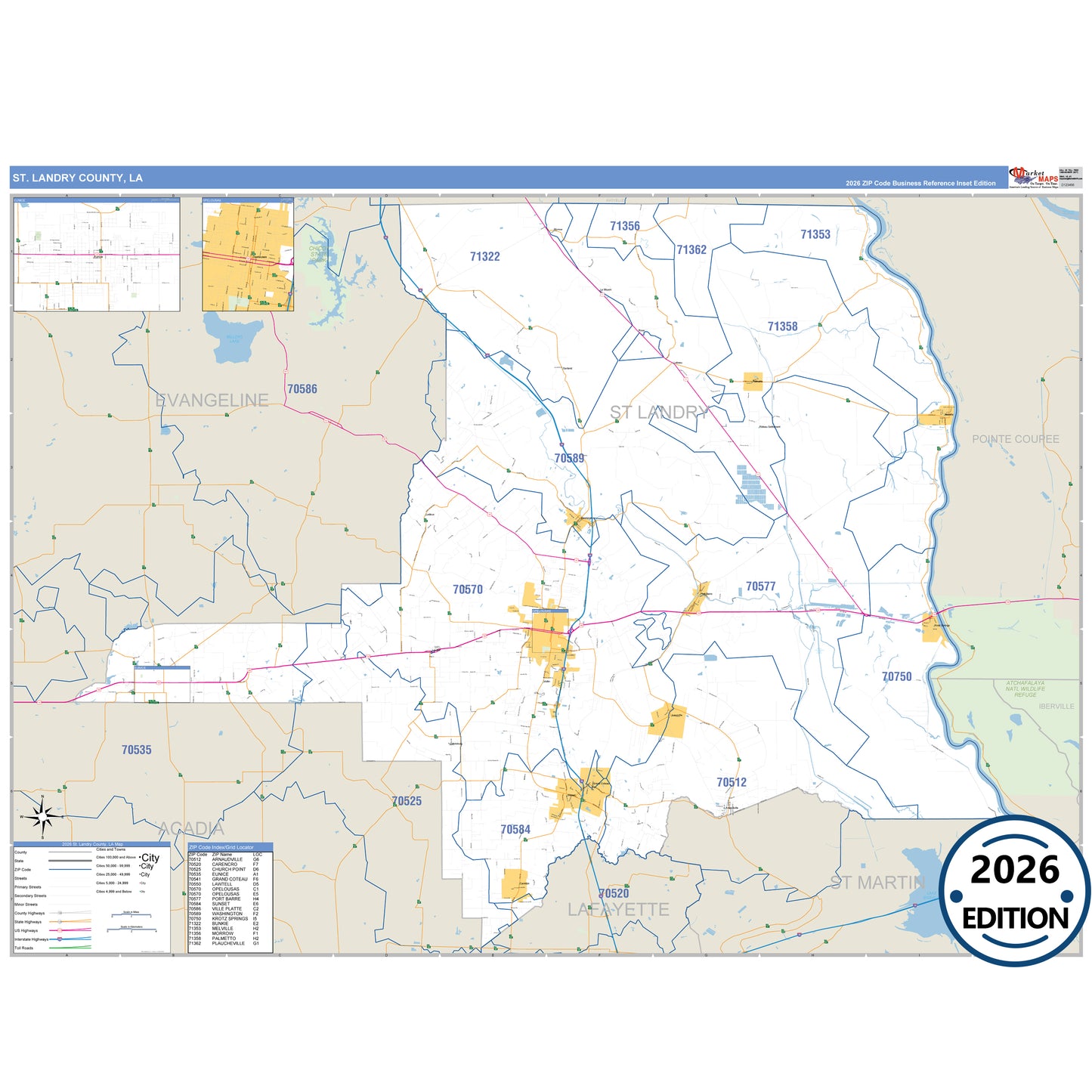 St. Landry County, LA Business Reference 5 Digit ZIP Code Wall Map