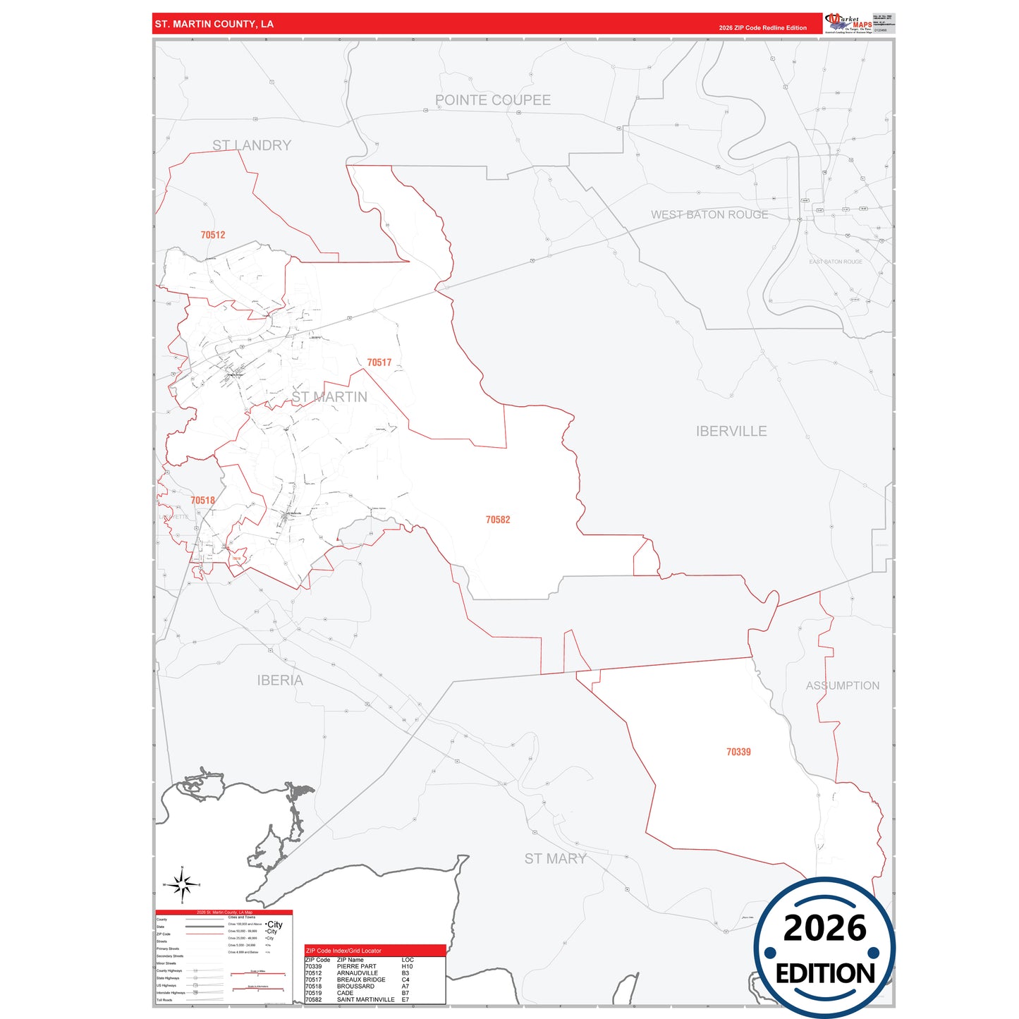 St. Martin County, LA Red Line 5 Digit ZIP Code Wall Map