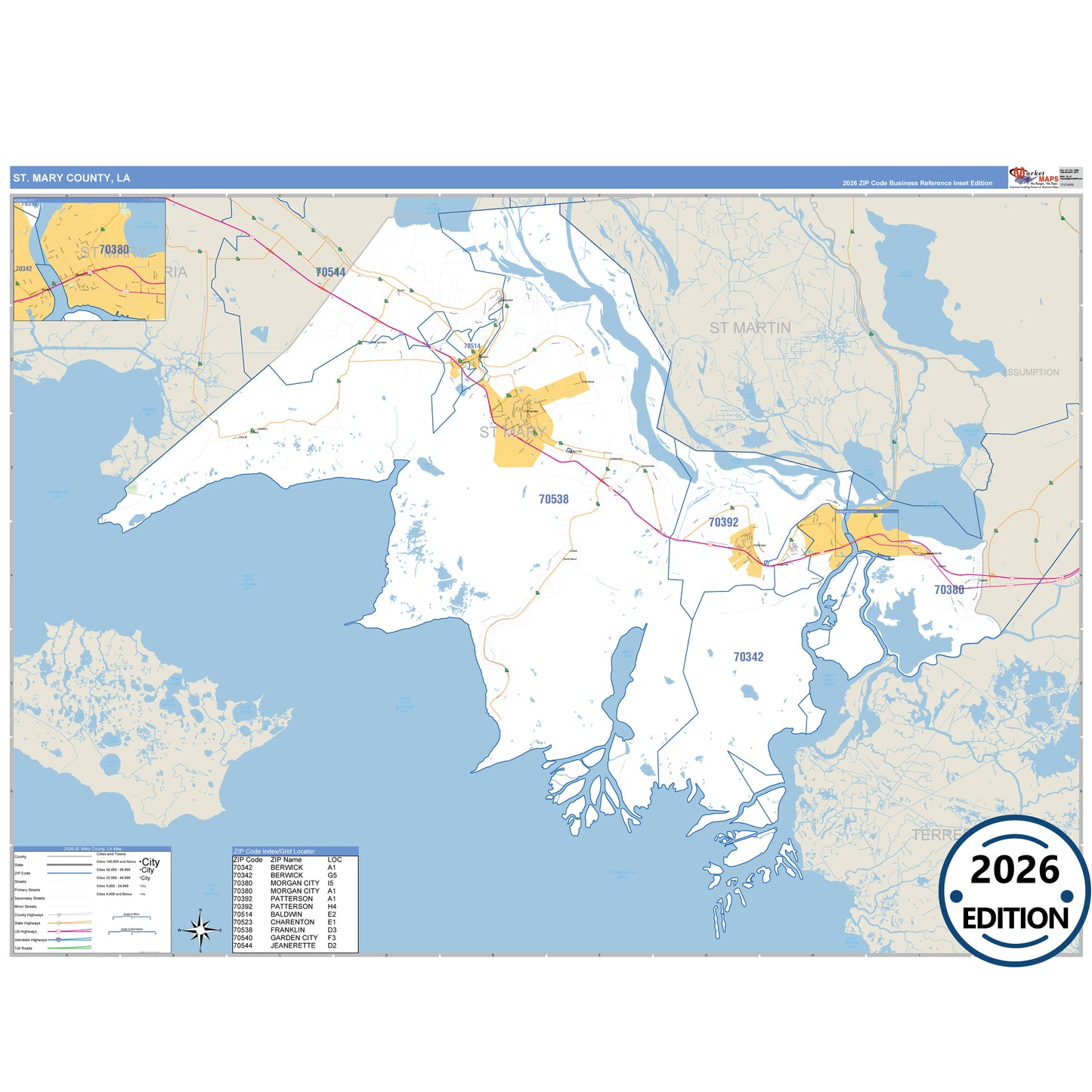 St. Mary County, LA Business Reference 5 Digit ZIP Code Wall Map