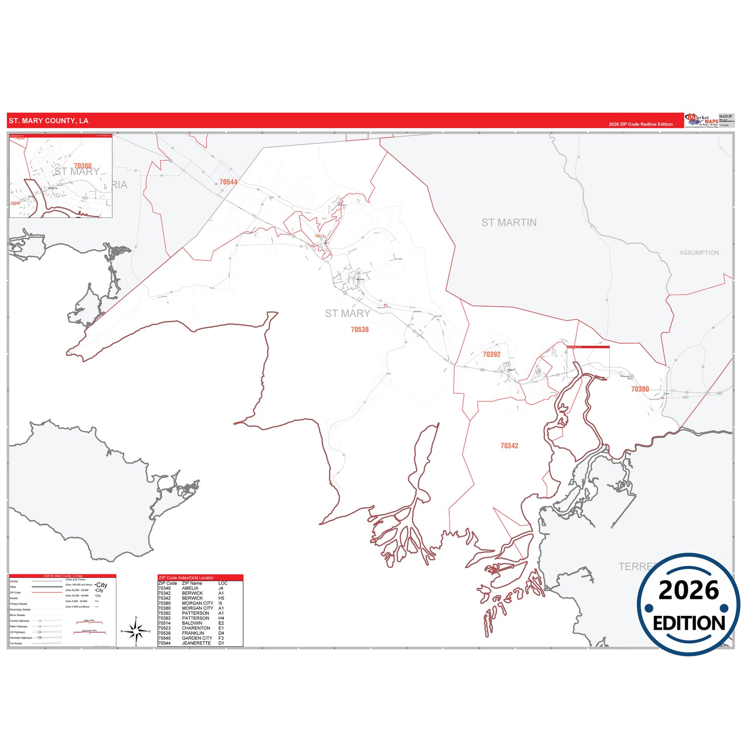 St. Mary County, LA Red Line 5 Digit ZIP Code Wall Map