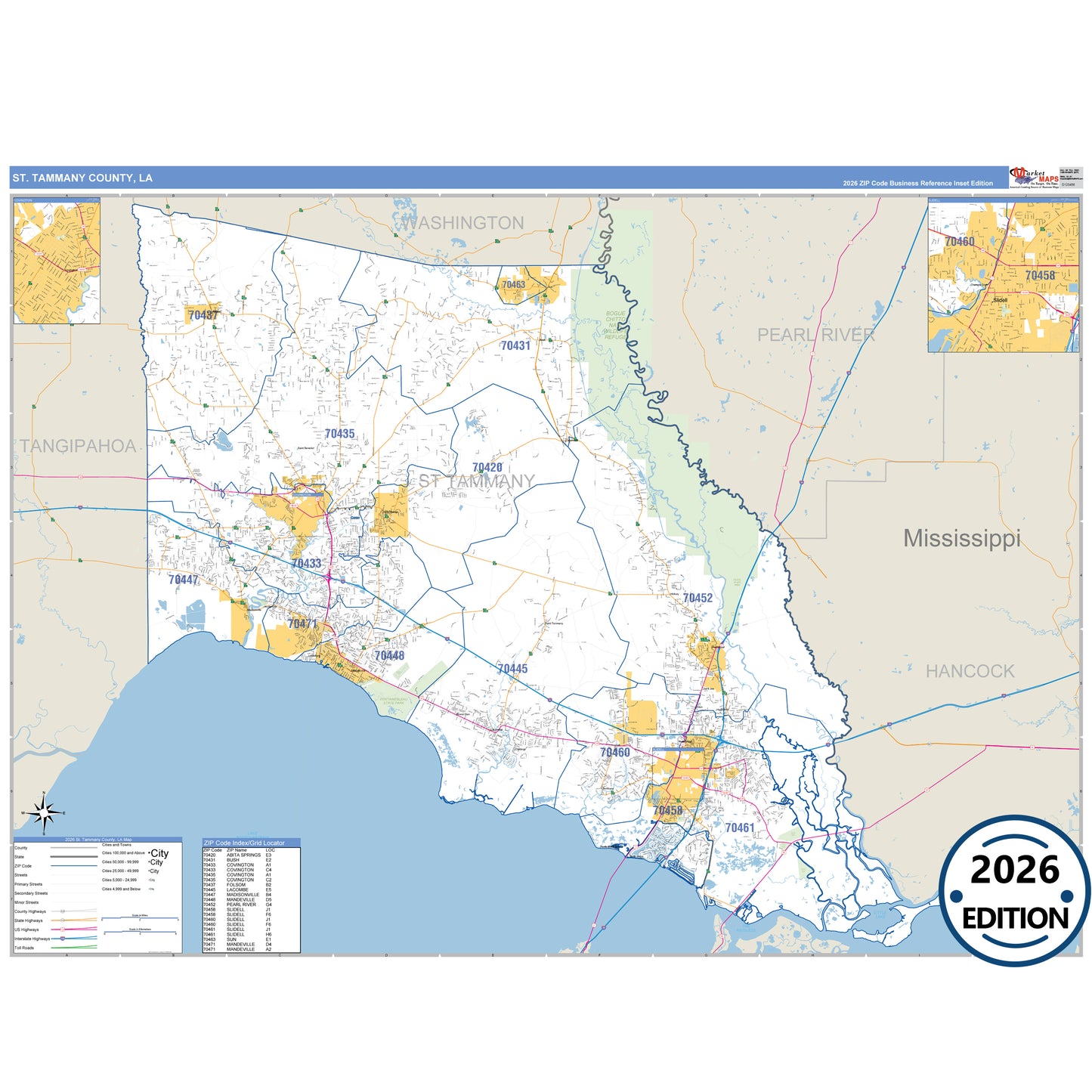 St. Tammany County, LA Business Reference 5 Digit ZIP Code Wall Map