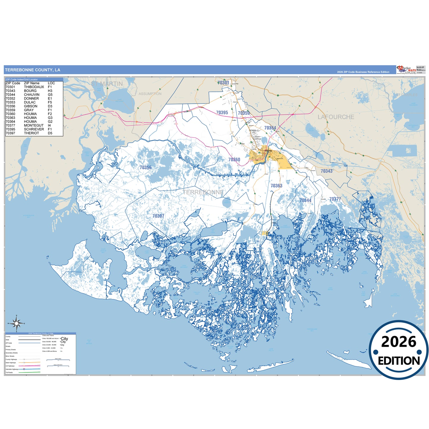 Terrebonne County, LA Business Reference 5 Digit ZIP Code Wall Map