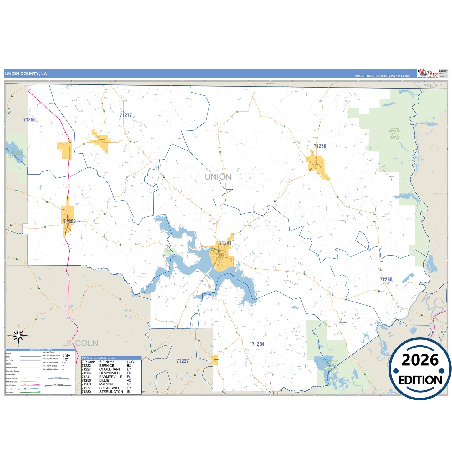 Union County, LA Business Reference 5 Digit ZIP Code Wall Map