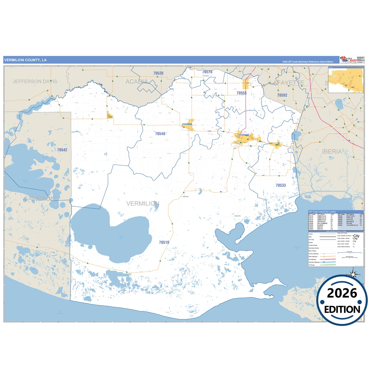 Vermilion County, LA Business Reference 5 Digit ZIP Code Wall Map