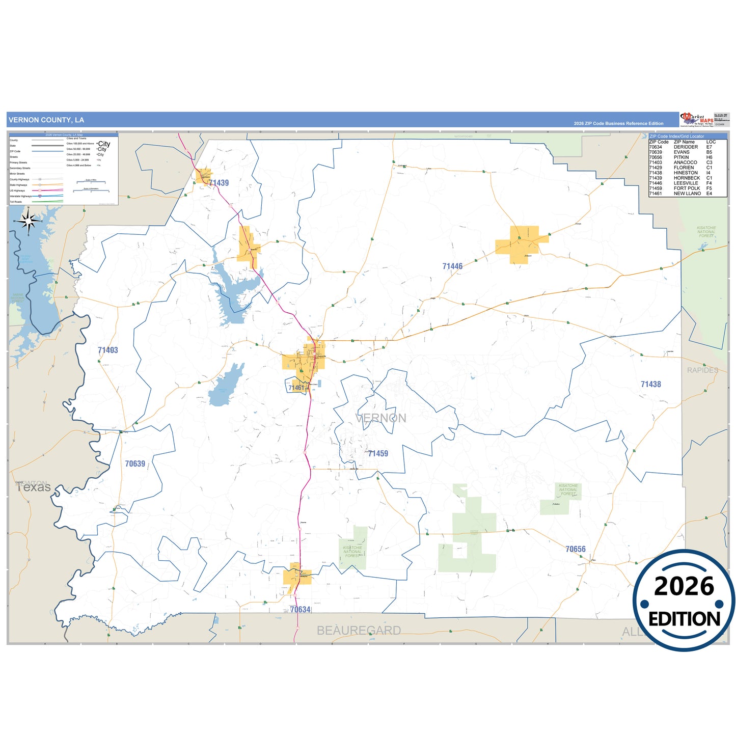Vernon County, LA Business Reference 5 Digit ZIP Code Wall Map