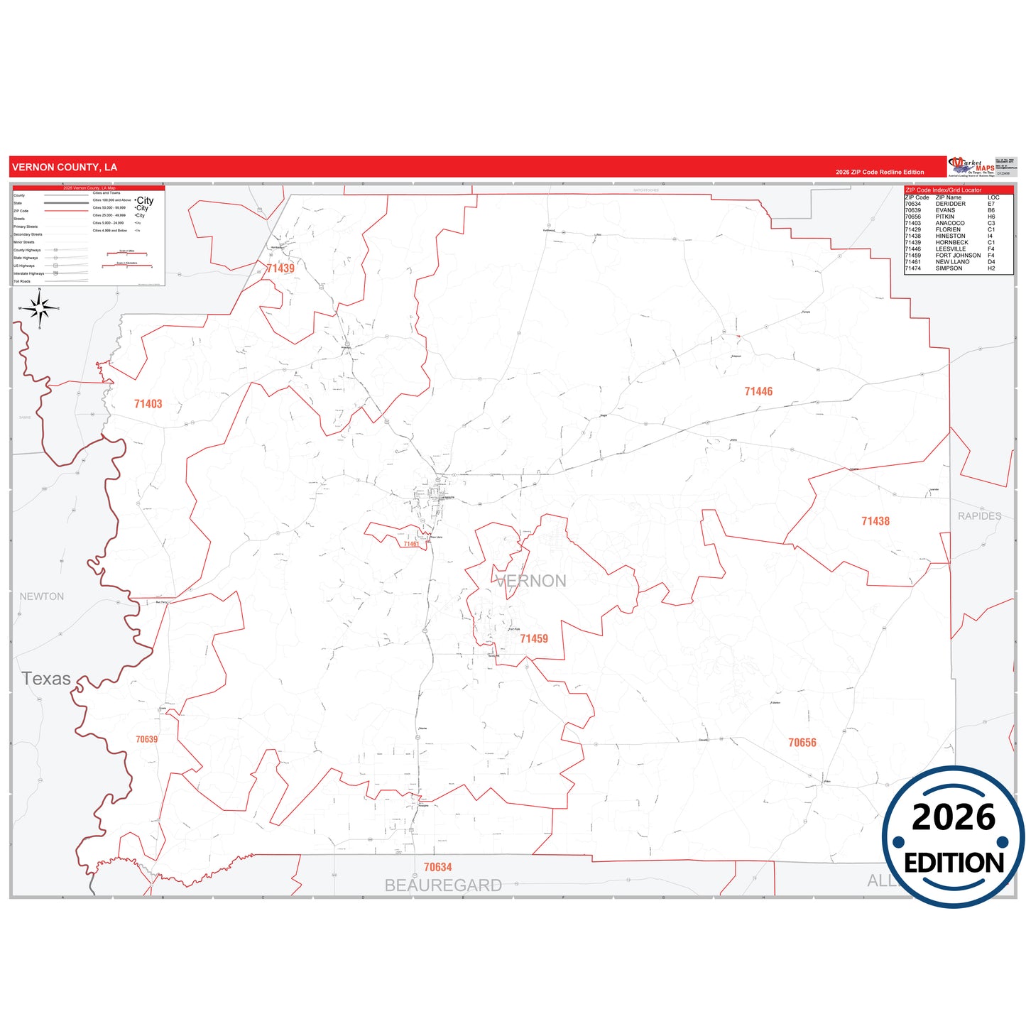 Vernon County, LA Red Line 5 Digit ZIP Code Wall Map