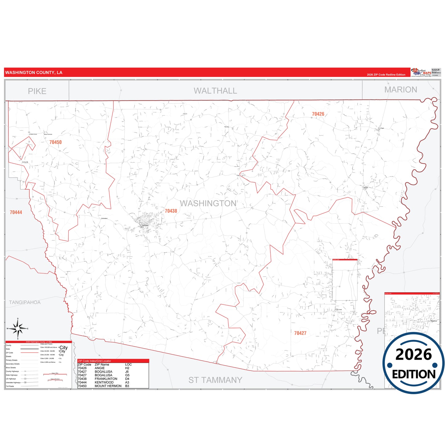 Washington County, LA Red Line 5 Digit ZIP Code Wall Map