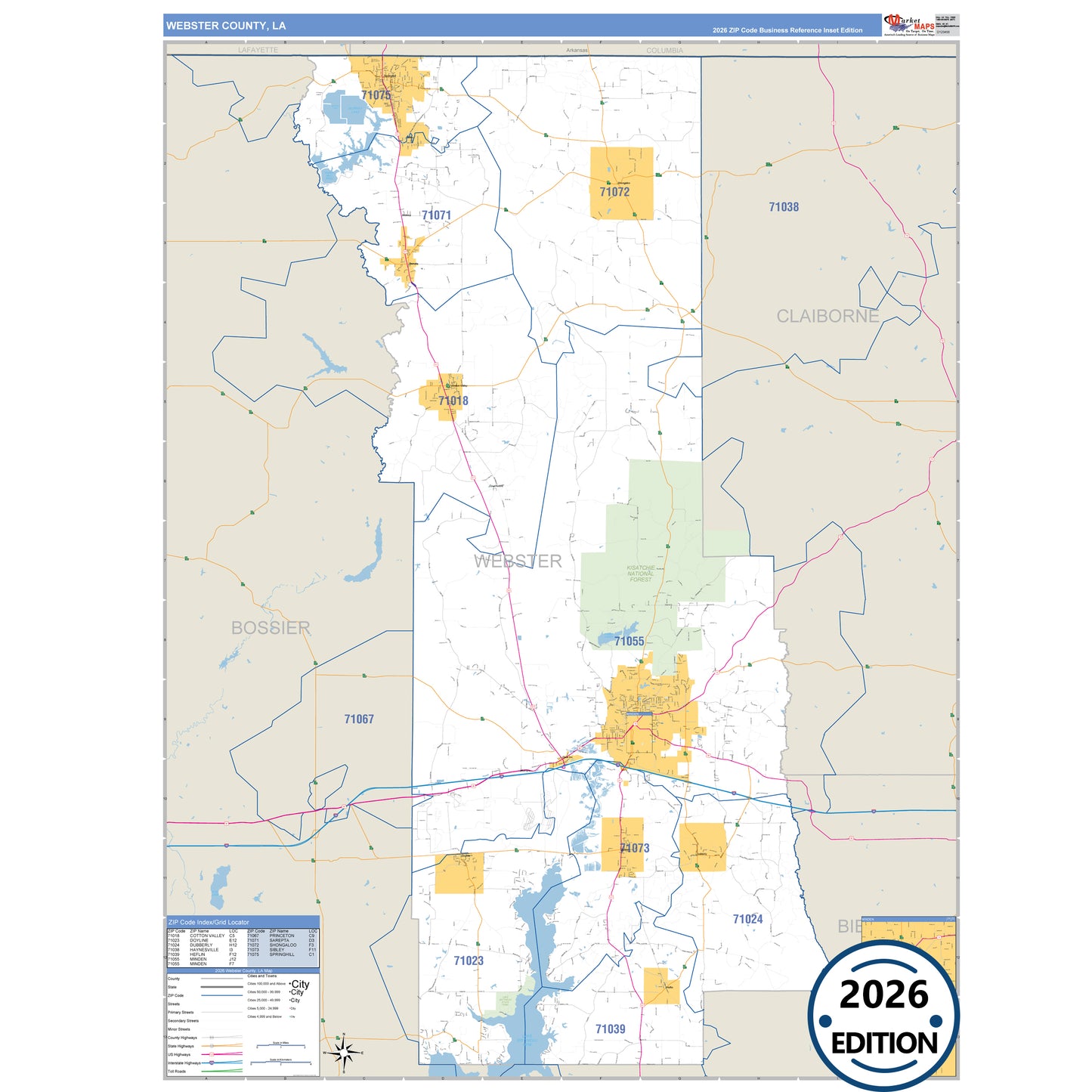 Webster County, LA Business Reference 5 Digit ZIP Code Wall Map