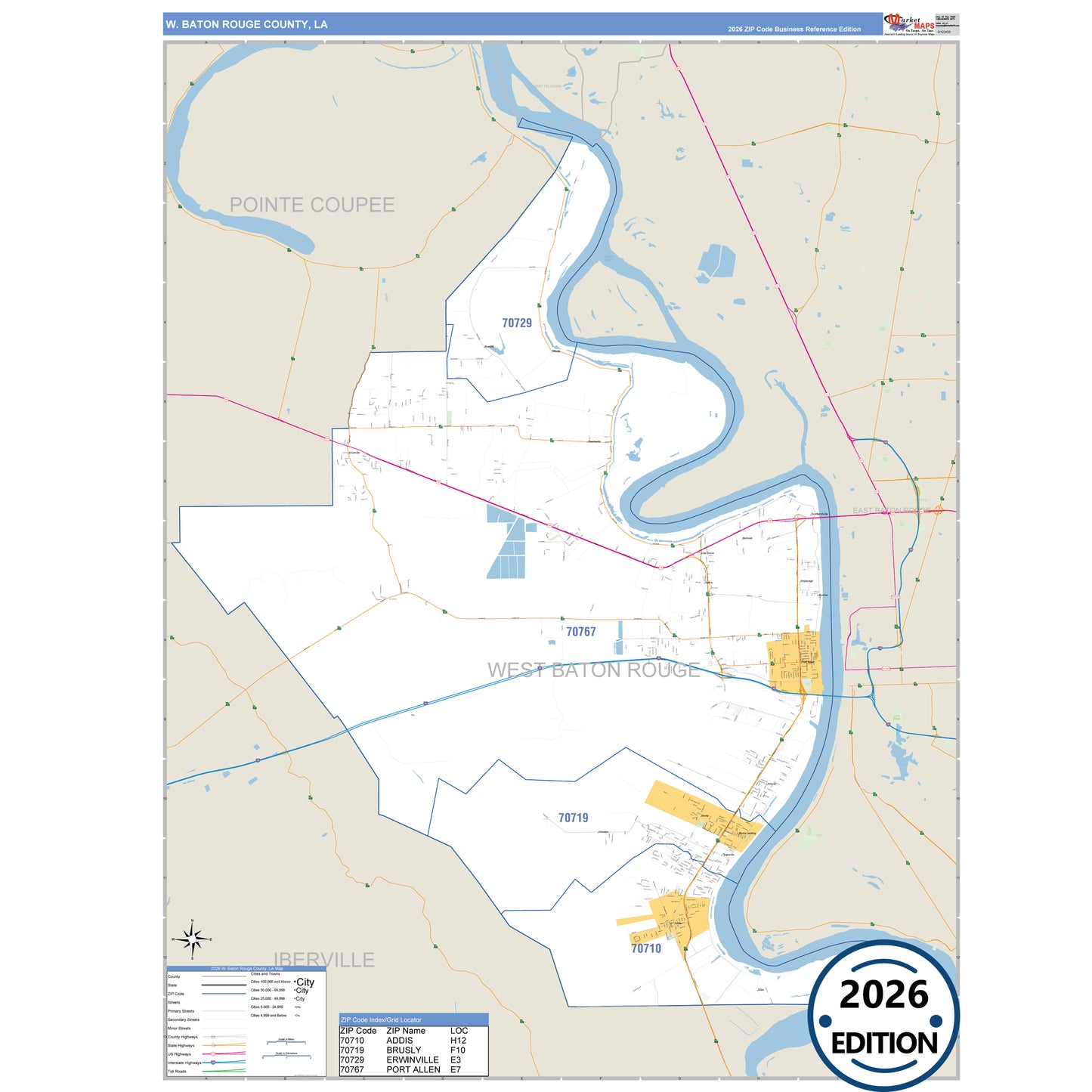 West Baton Rouge County, LA Business Reference 5 Digit ZIP Code Wall Map