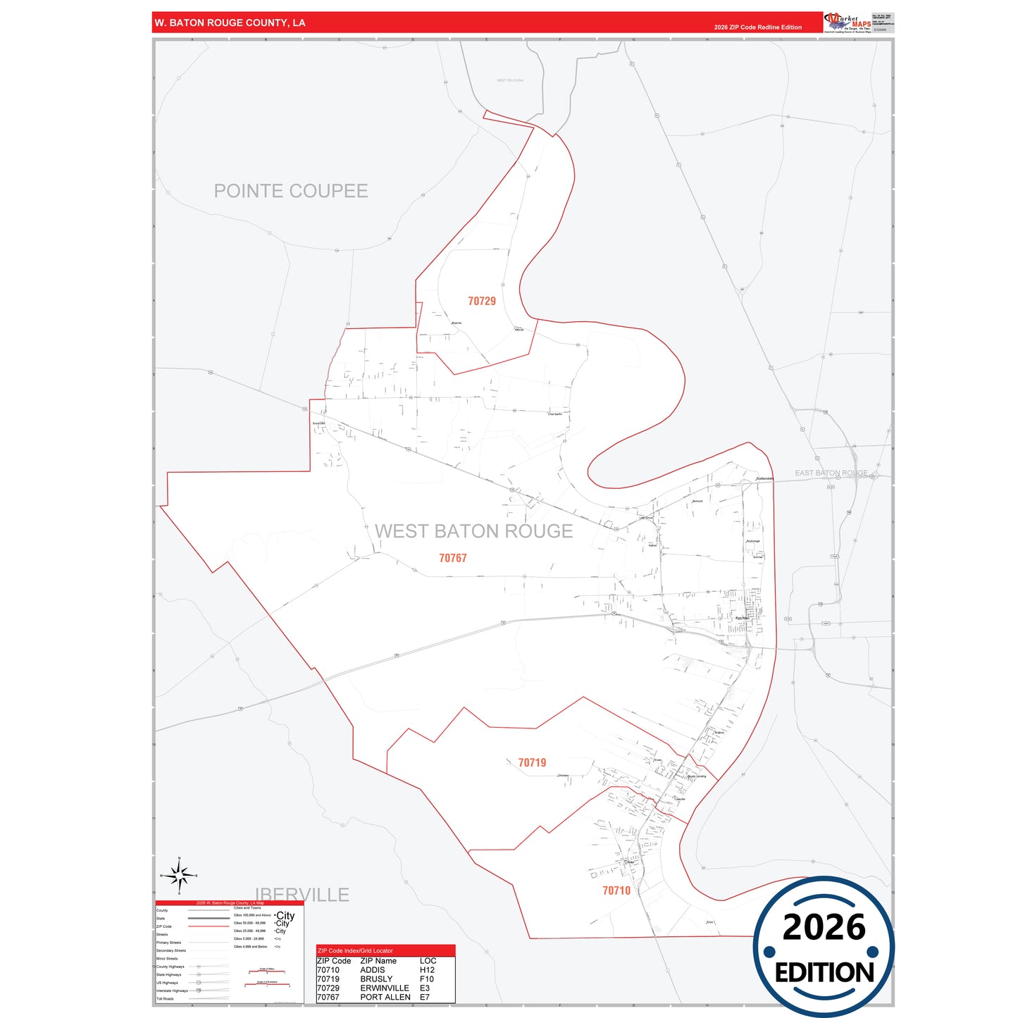 West Baton Rouge County, LA Red Line 5 Digit ZIP Code Wall Map