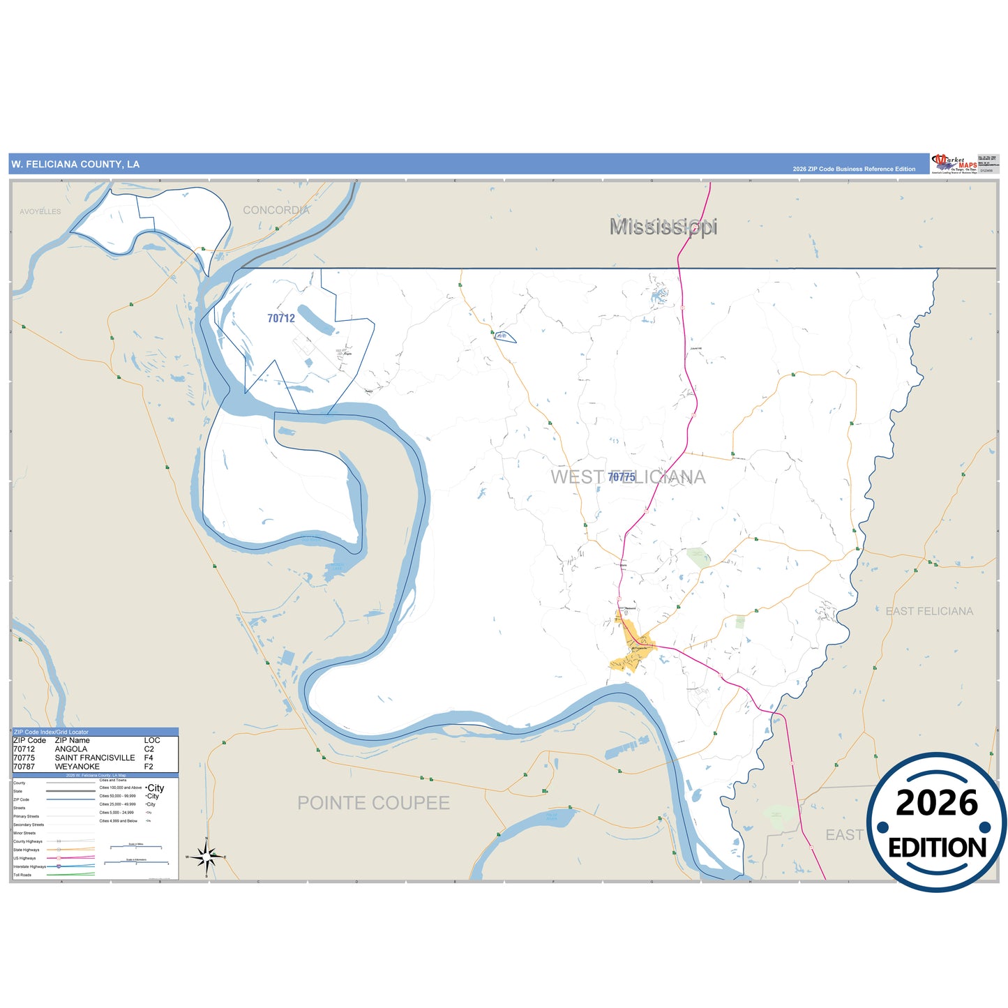 West Feliciana County, LA Business Reference 5 Digit ZIP Code Wall Map