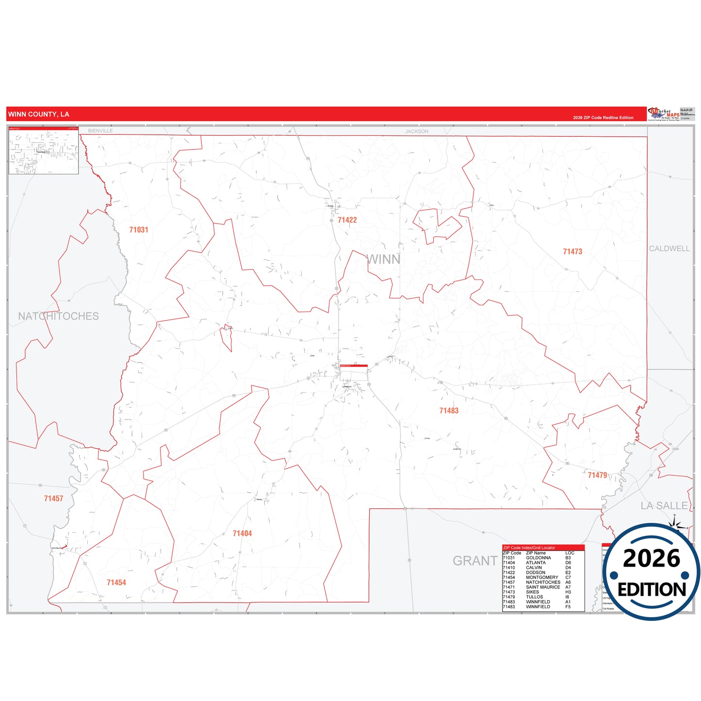 Winn County, LA Red Line 5 Digit ZIP Code Wall Map