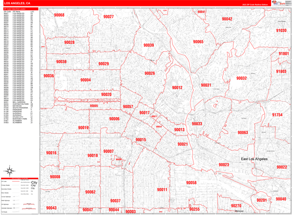 Los Angeles, CA Red Line 5 Digit ZIP Code Wall Map