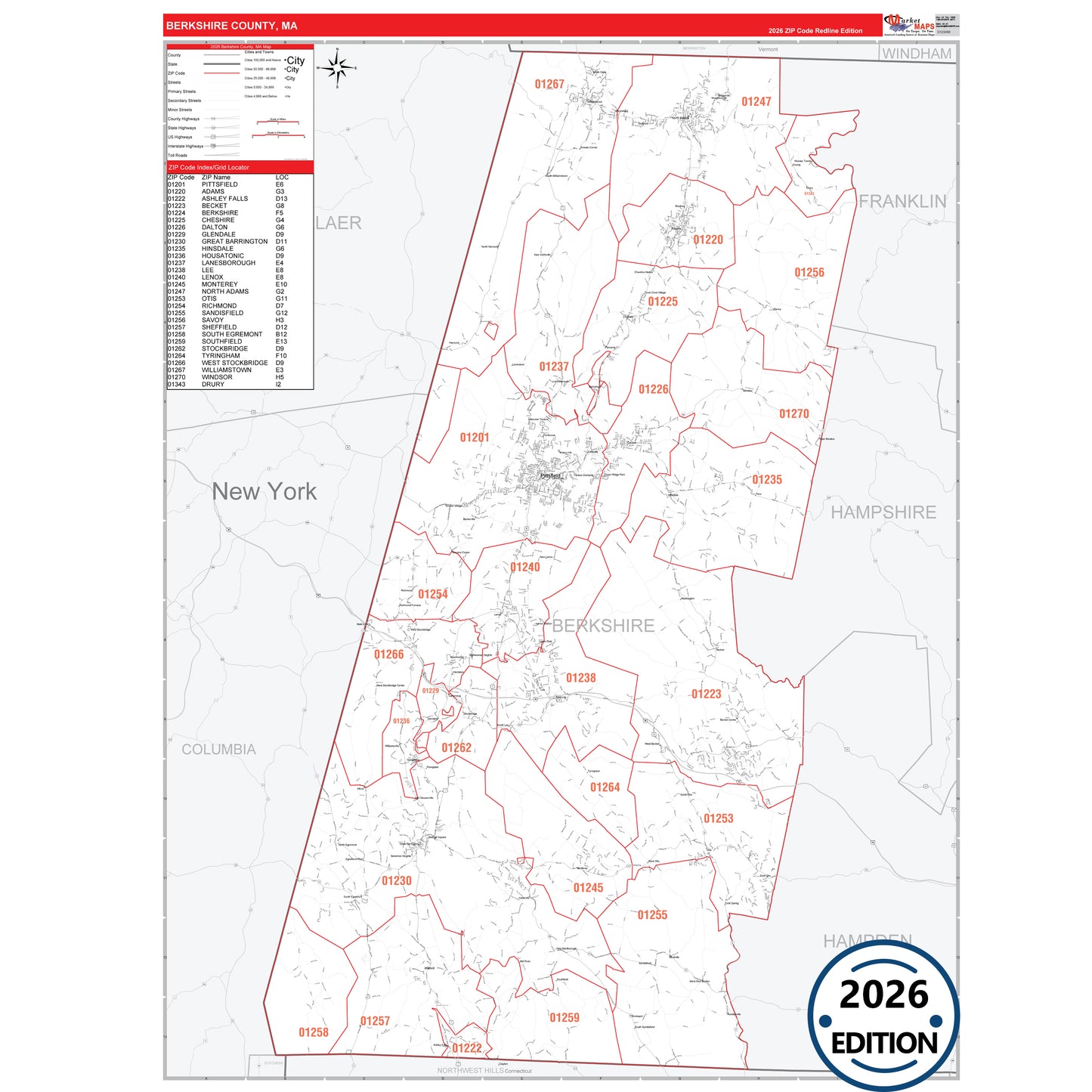 Berkshire County, MA Red Line 5 Digit ZIP Code Wall Map