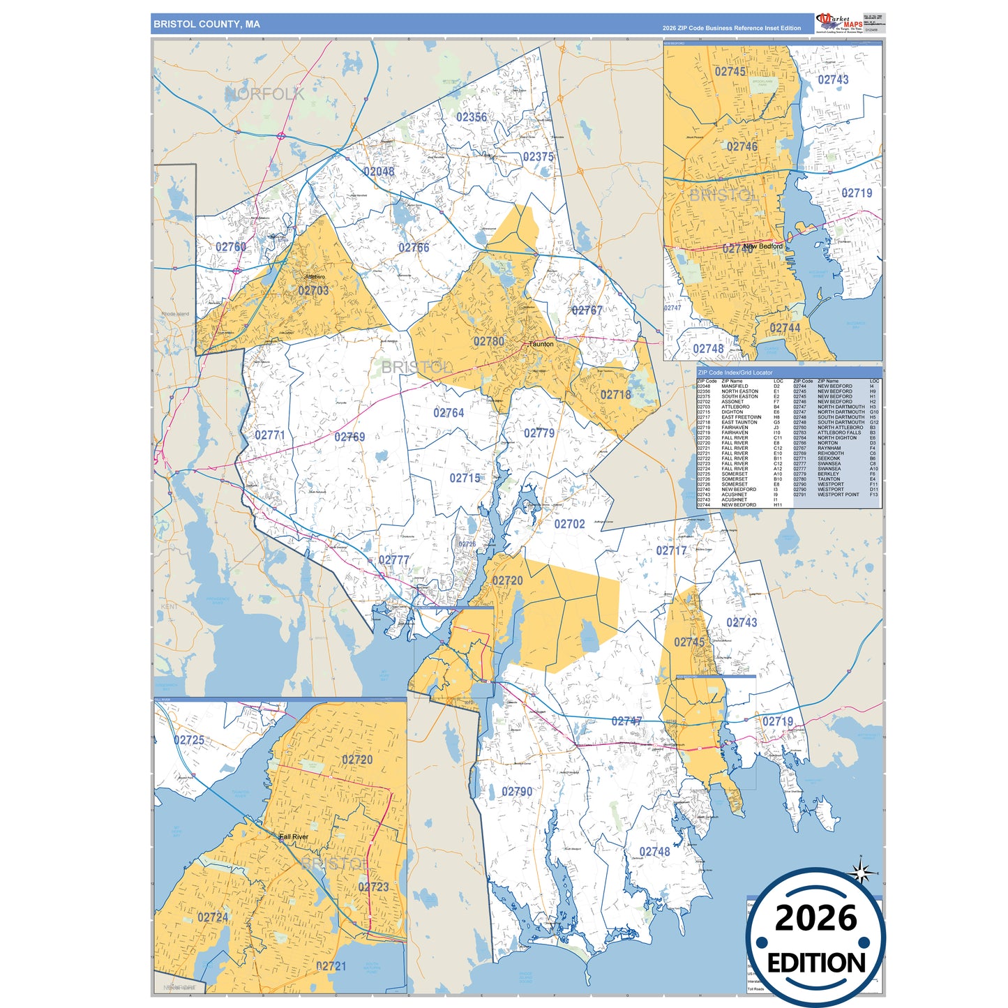 Bristol County, MA Business Reference 5 Digit ZIP Code Wall Map